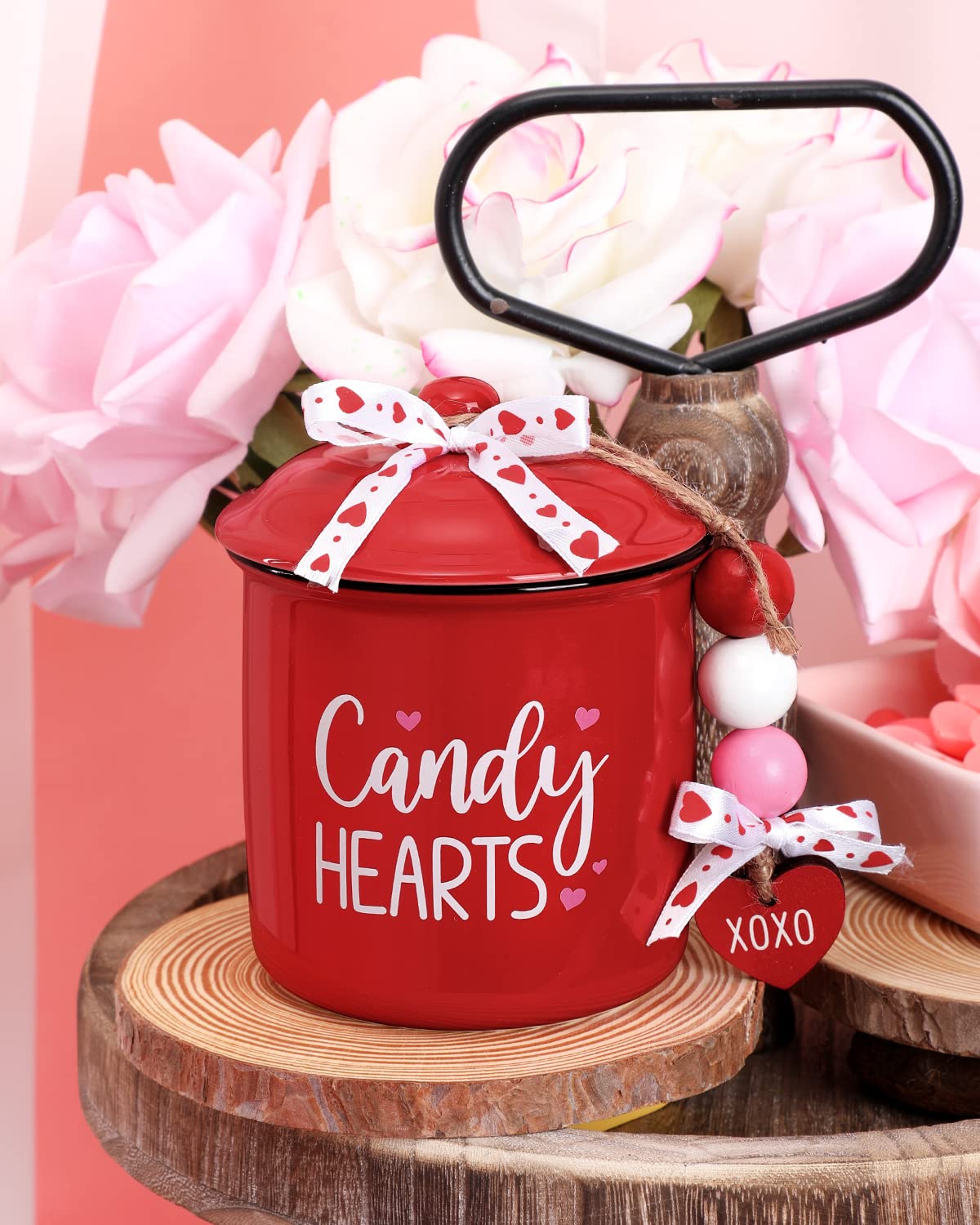 Candy Hearts Tiered Tray Decor Mini Ceramic Canister Valentine's Day Red Decorative Jar Xoxo Slice February 14th Love Candy Holder with Bowknot Home Kitchen Accessory Table Centerpiece Gift Set of 1