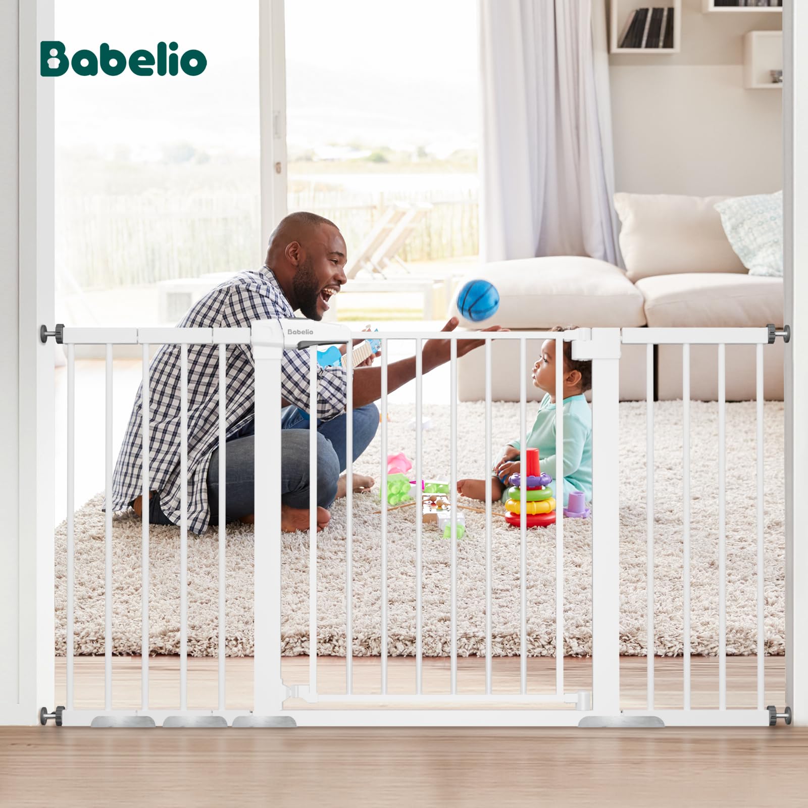 BABELIO 29-55 Inch Extra Wide Baby Gate, Metal Auto Close Dog Gate, Pressure Mounted Pet Gate for Doorways, NO Tools Needed NO Drilling, with Wall Cups, White