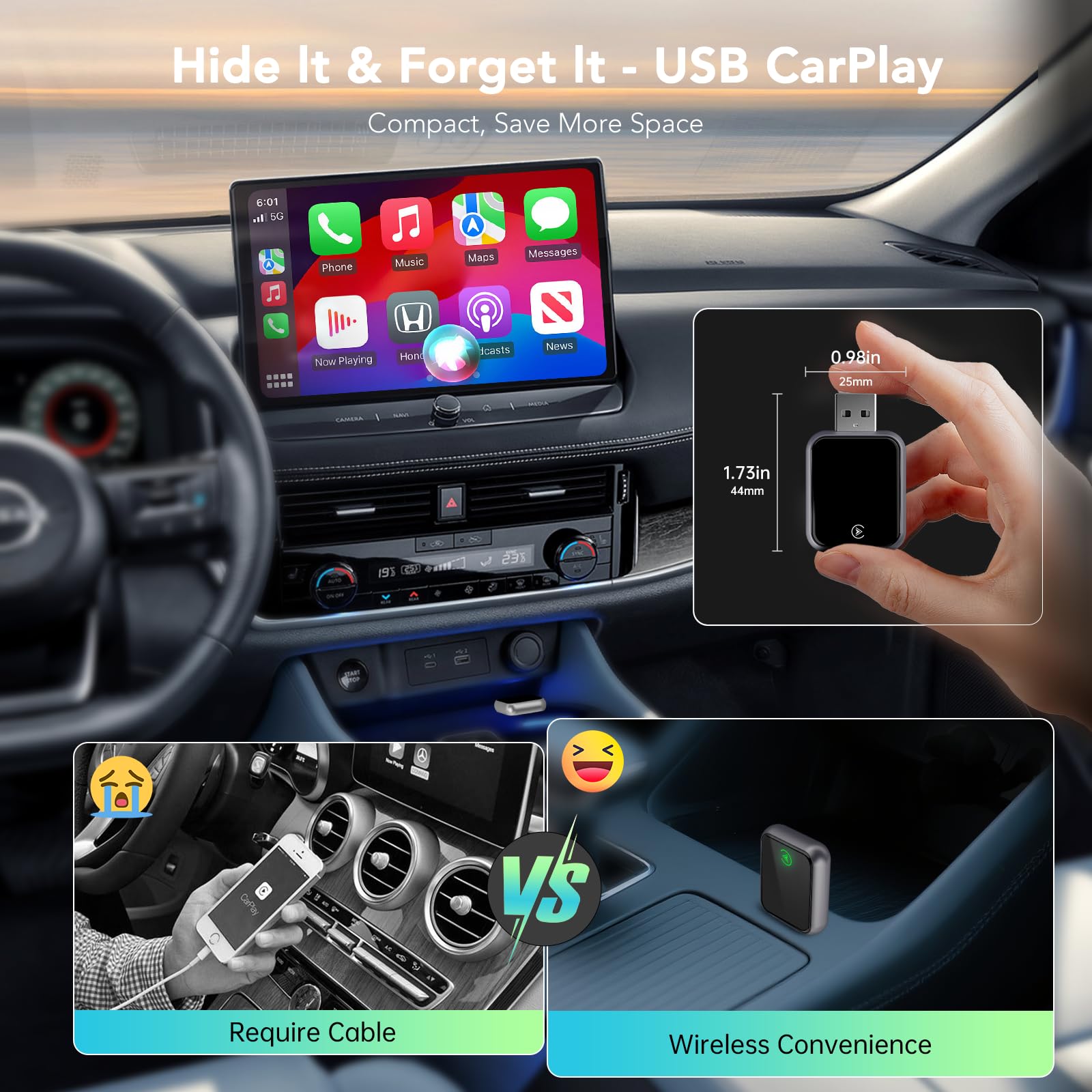 Wireless CarPlay Adapter for iPhone, 2 in 1 Carplay Wireless Adapter for Apple & Android Auto (2016+ Models), Compatible with Cars with Factory Wired Carplay, Car Play Dongle with USB/USB-C(Dark Grey)
