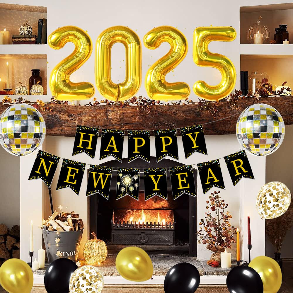 IMISHM Happy New Year Decorations 2025 New Years Party Decorations New Years Eve Party Supplies With Happy New Year Banner New Years Balloons Blowouts Squakers And Hats for New Years Decorations