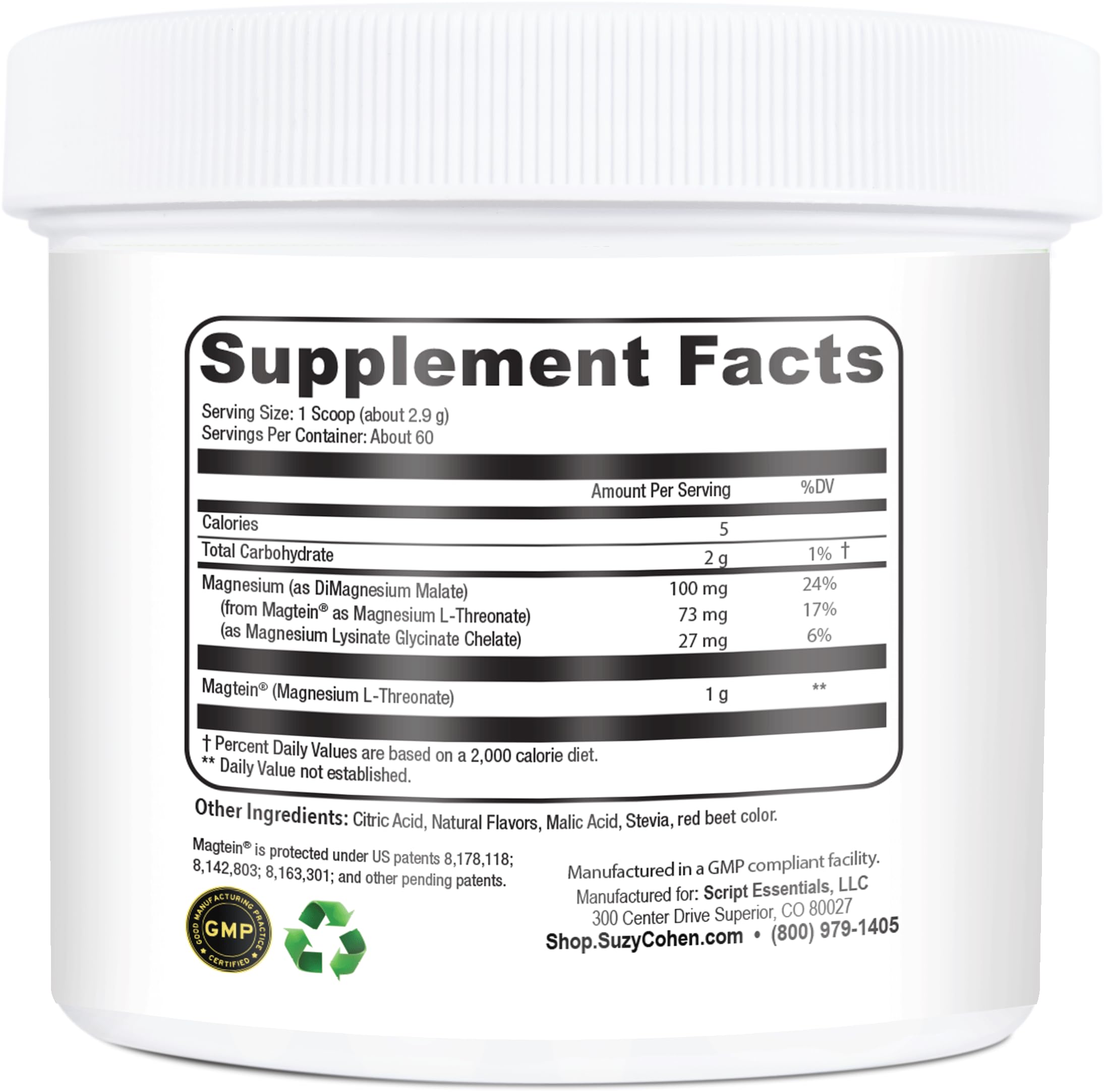 Suzy Cohen MagFocus Magnesium L-Threonate Powder with Magtein (Mixed Berry) Plus Magnesium Glycinate for Wellness, Focus, and Cognition - Gluten-Free, Non-GMO, Vegetarian (60 Servings)