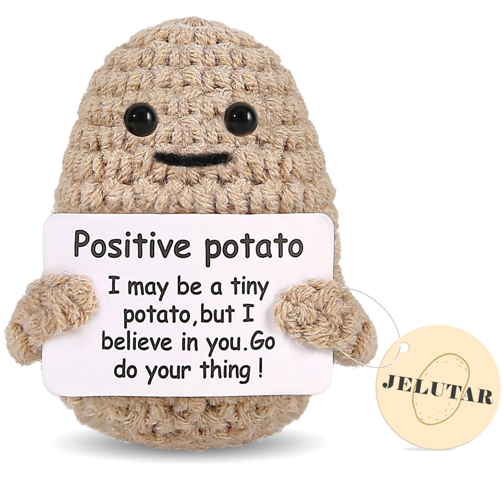 JELUTAR Mini Funny Positive Potato, 3 inch Knitted Doll with Positive Card for Cheer Up Gifts and Party Decorations, Cute Positive Potato Crochet Doll for Birthday Gifts (Positive Potato)