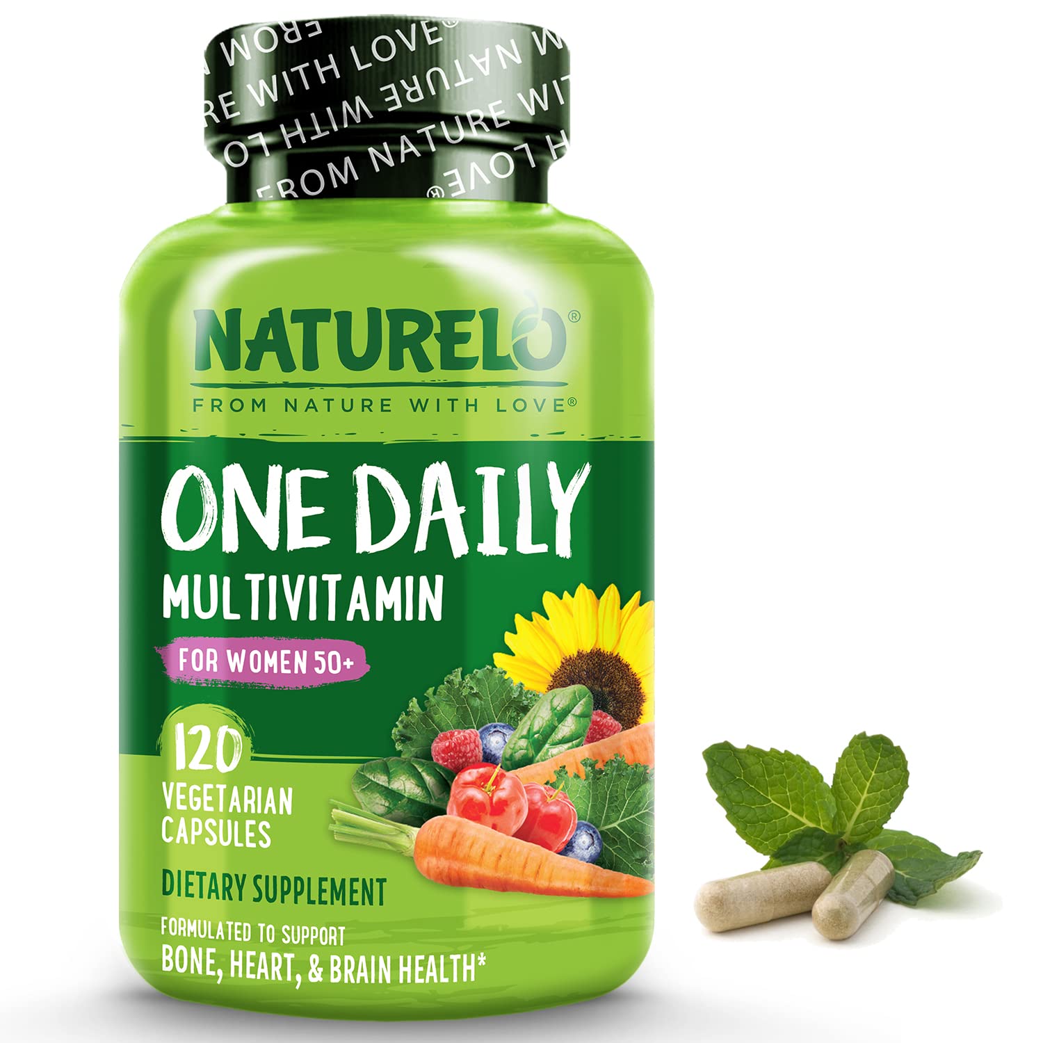 NATURELO One Daily Multivitamin for Women 50+ (Iron Free) - Menopause Support for Women Over 50 - Whole Food Supplement - Non-GMO - No Soy - 120 Capsules - 4 Month Supply