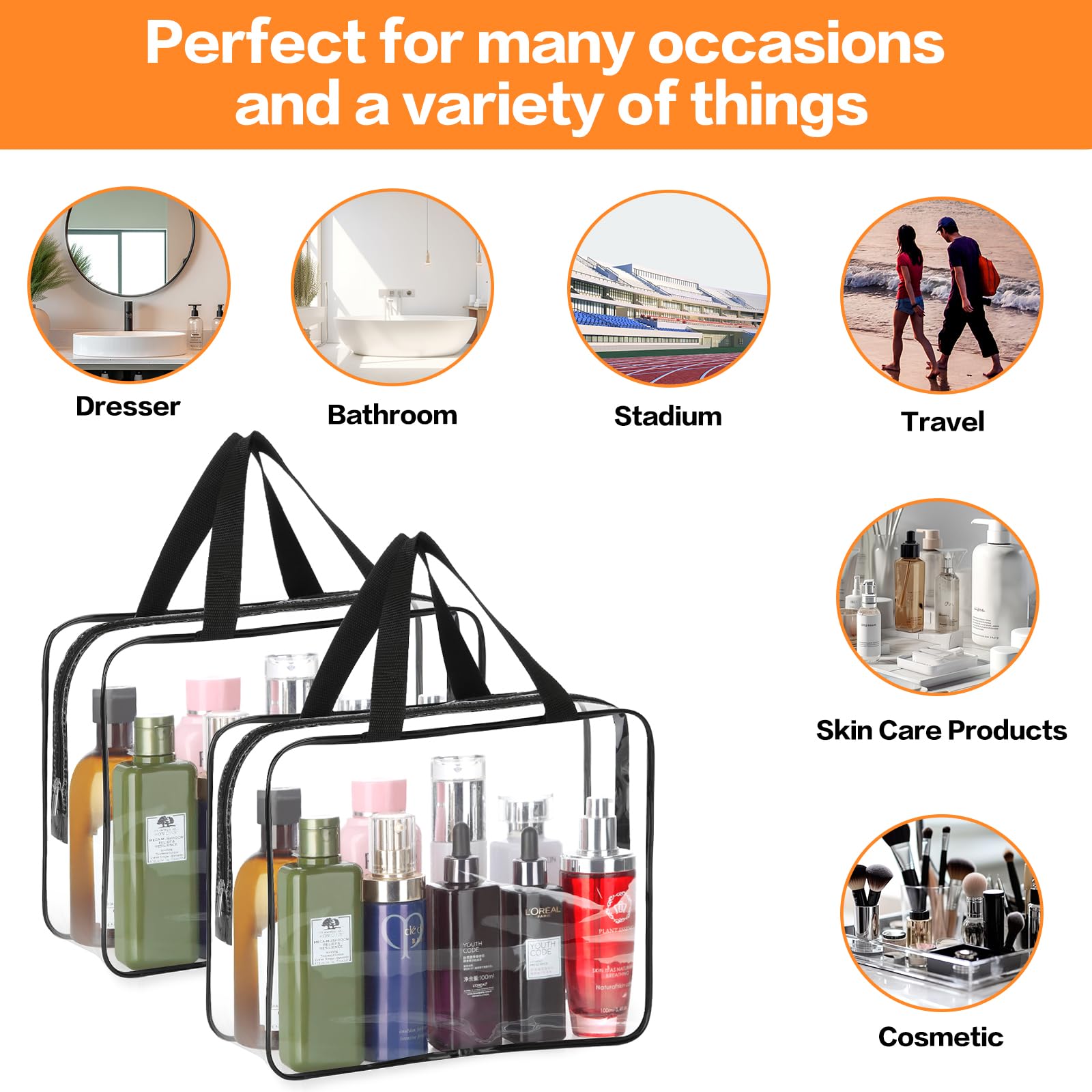 HAOGUAGUA 2 Pieces Large Clear Makeup Cosmetic Toiletry Organizer Bag, Clear Plastic Tote Bags, Waterproof Transparent Small Clear Handbag Purse