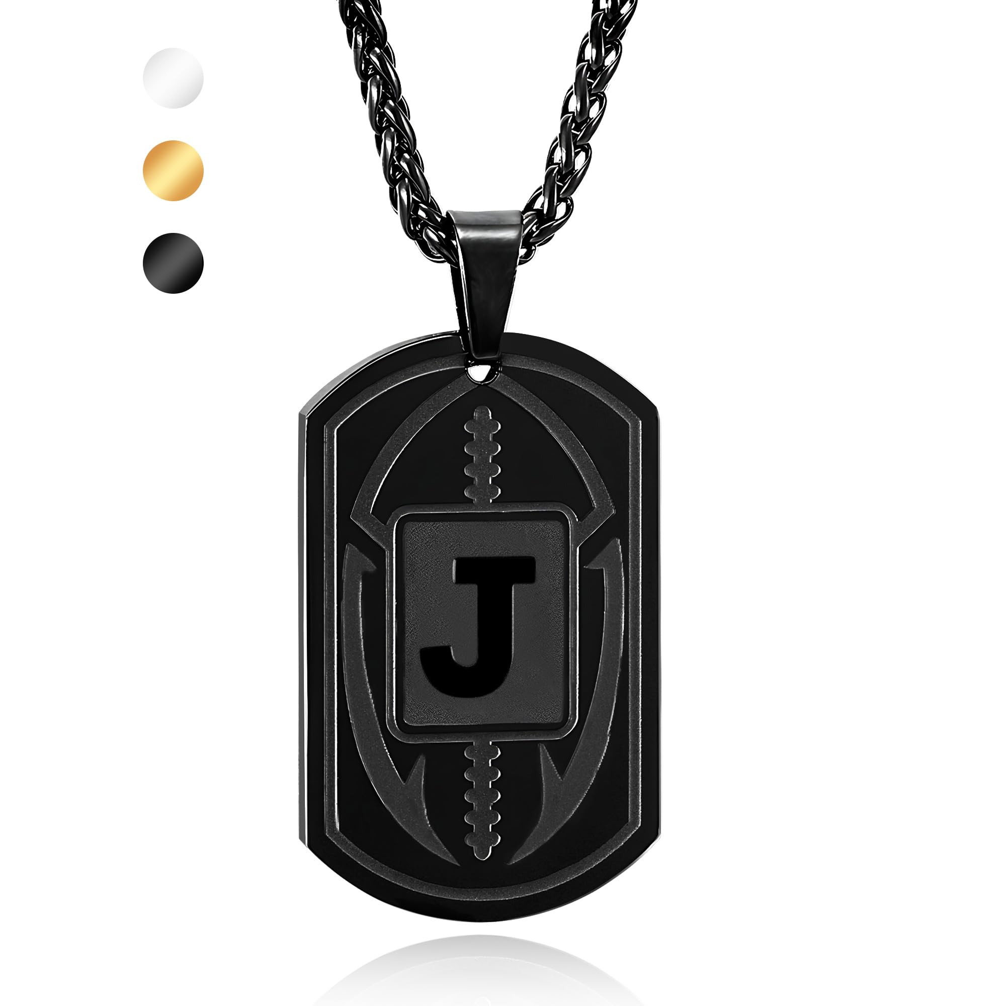 Fervia Football Initial Necklacefor Men Dog Tag Stainless Steel Black Letter Pendant Sport Football Athletes Jewelry Gifts for Men Boyfriend with 22+2 Inches Stainless Steel Chain(J)