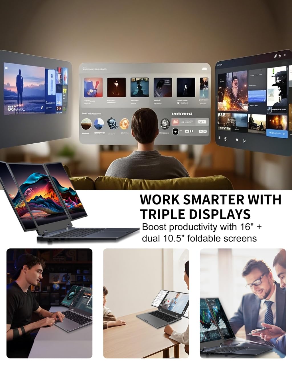 KOOFORWAY Triple Screen Laptop, 16" Main + Dual 10.5" Monitors, Core i7-12700H, 32GB RAM, 2TB SSD, Win 11 Pro, Wi-Fi 5, BT 5.0, Face & Fingerprint Unlock, USB-C, HDMI