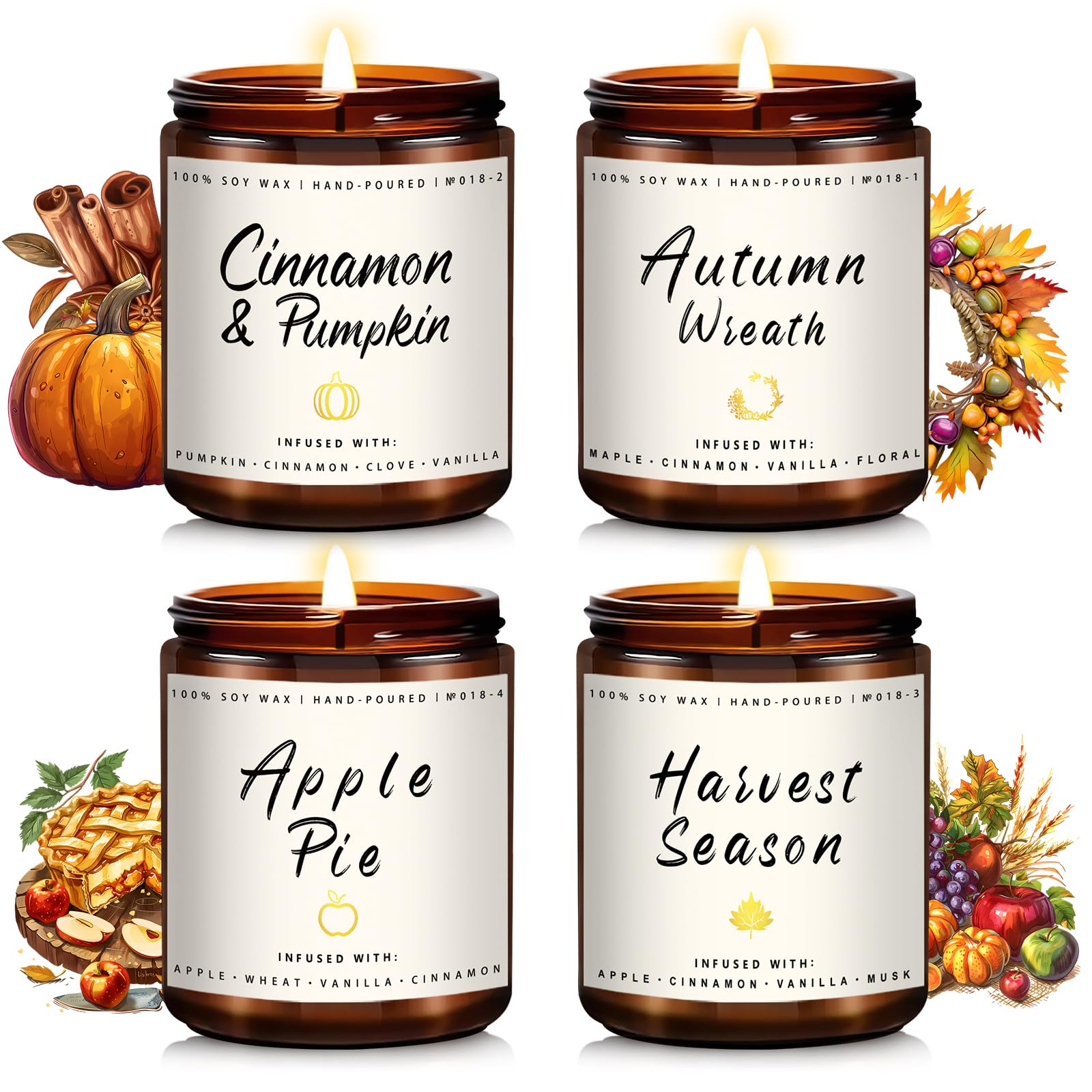 Winter Fall Candle Set | 4 Pack Christmas Fall Candles for Home - Christmas Gifts for Women Men, Fall Holiday Soy Candles | Holiday Celebration Scents of - Apple Pie/Cinnamon/Harvest/Wreath