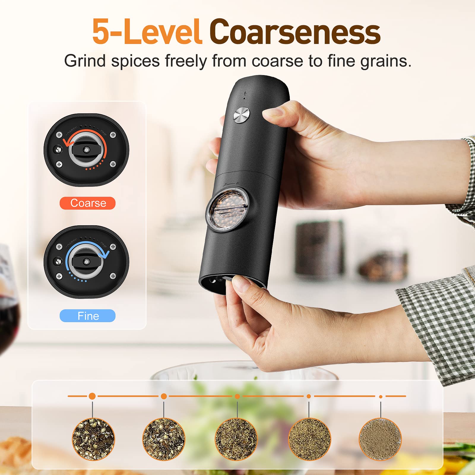 Electric Salt and Pepper Grinder Set, USB Rechargeable Kitchen Gadgets-Automatic Salt and Pepper Mill with Adjustable Coarseness, One-Hand Operation Built-in LED Light, Type-C Charging - 2 Pack