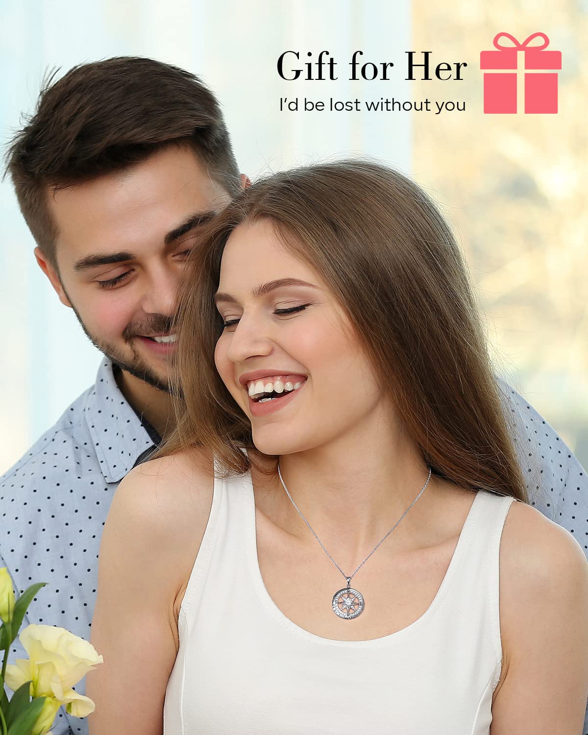 S925 Necklace Gift for Wife |Compass Jewelry |Women Anniversary |Sterling Silver |Girlfriend Birthday Gifts for Her Valentines |I'd be Lost without You|Jewel 18K White Gold