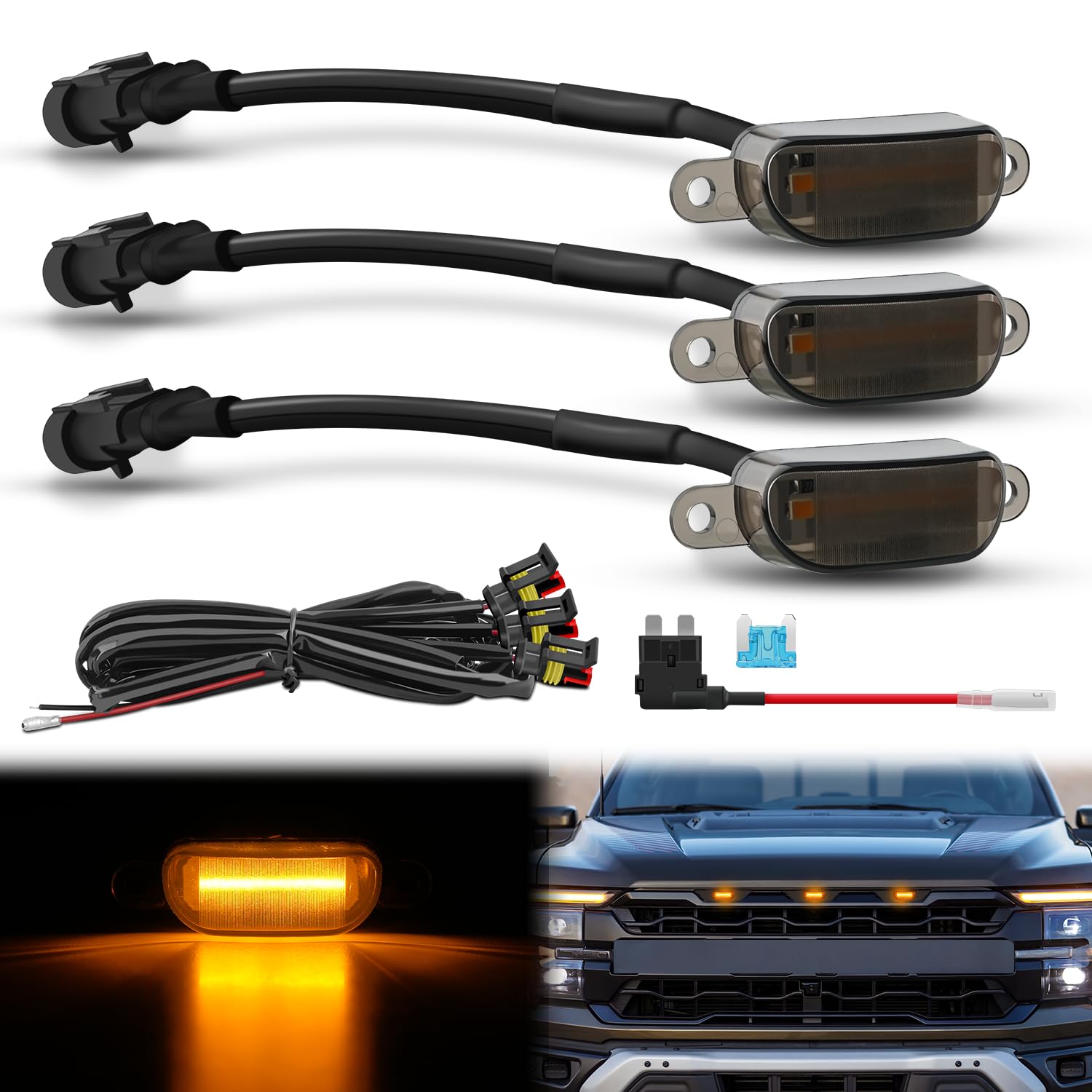 Nilight Front Grille Marker Light 3PCS 4LED Amber LED Light Smoked Lens Waterproof Compatible with 2004-2019 Ford F-150 Raptor and 2013-2018 Dodge Ram 1500 Raptor Aftermarket Grille