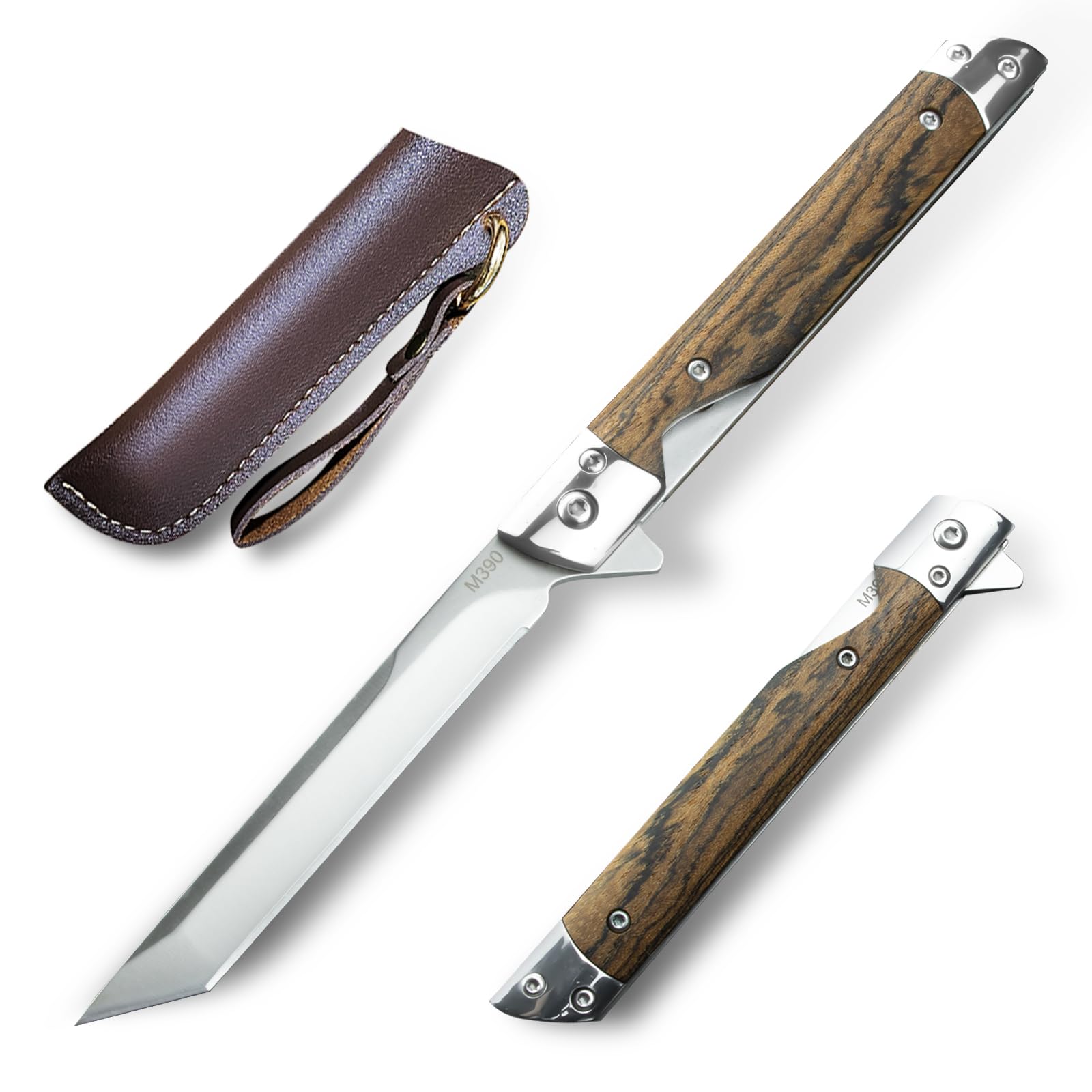 Ogival Pocket Knife for Men, 3.5 inch Folding Knife with Wooden Handle and Leather Sheath, Edc Tanto Knife for Men and Women