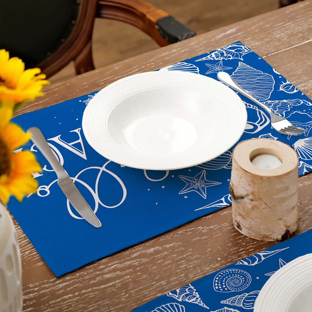 GEEORY Hello Beach Summer Placemats 12x18 Inch Set of 4 Blue Shell Turtle Farmhouse Rustic Holiday Kitchen Dining Table Decoration for Indoor Outdoor Dinner Party Décor GP065