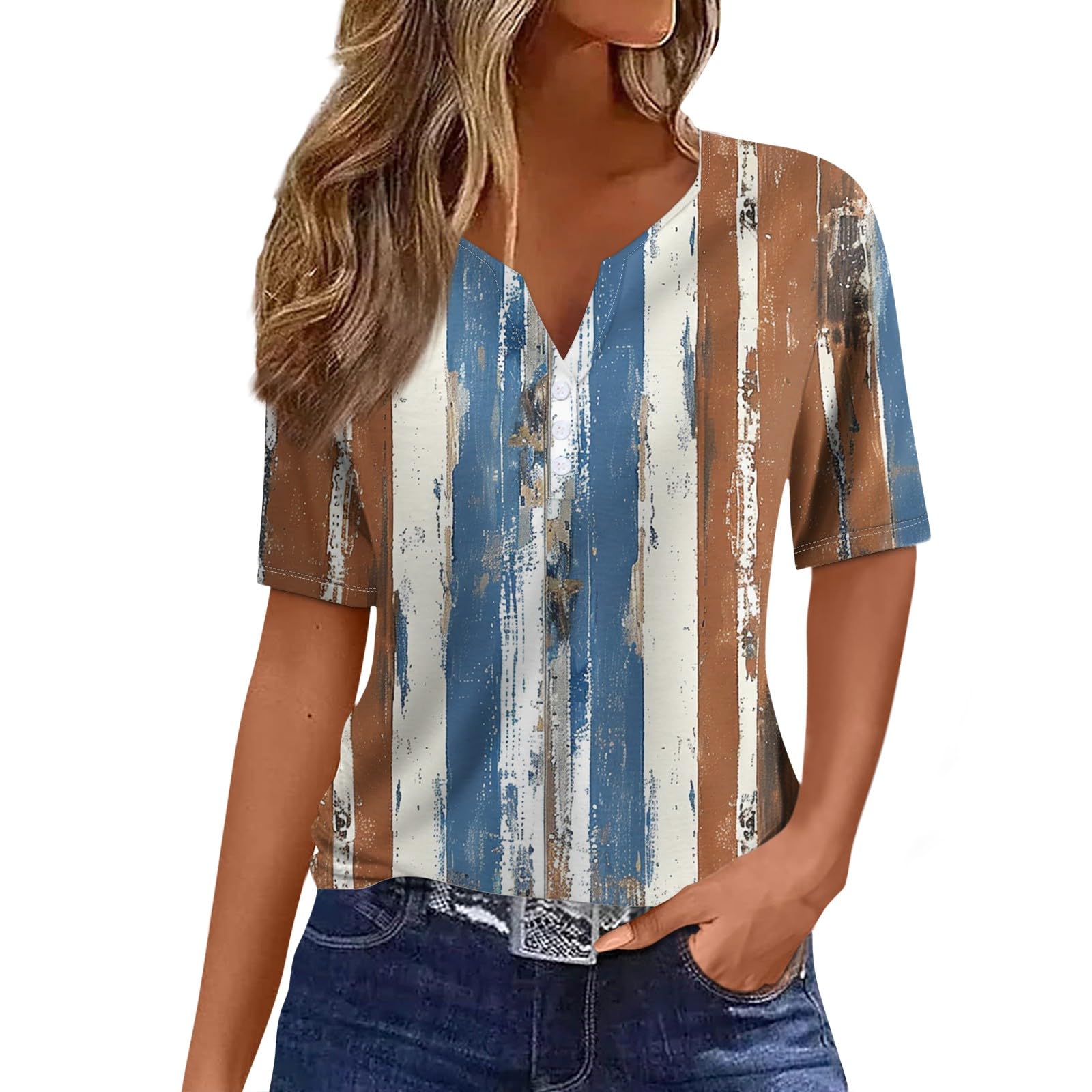 JXKIKOZE Fall Tops for Women;2025 Henley V Neck Shirts Dressy Casual Loose Fit Shirts Flowy Blouses Trendy Clothes;Womens Buttons Down Shirt;10-Sky Blue L