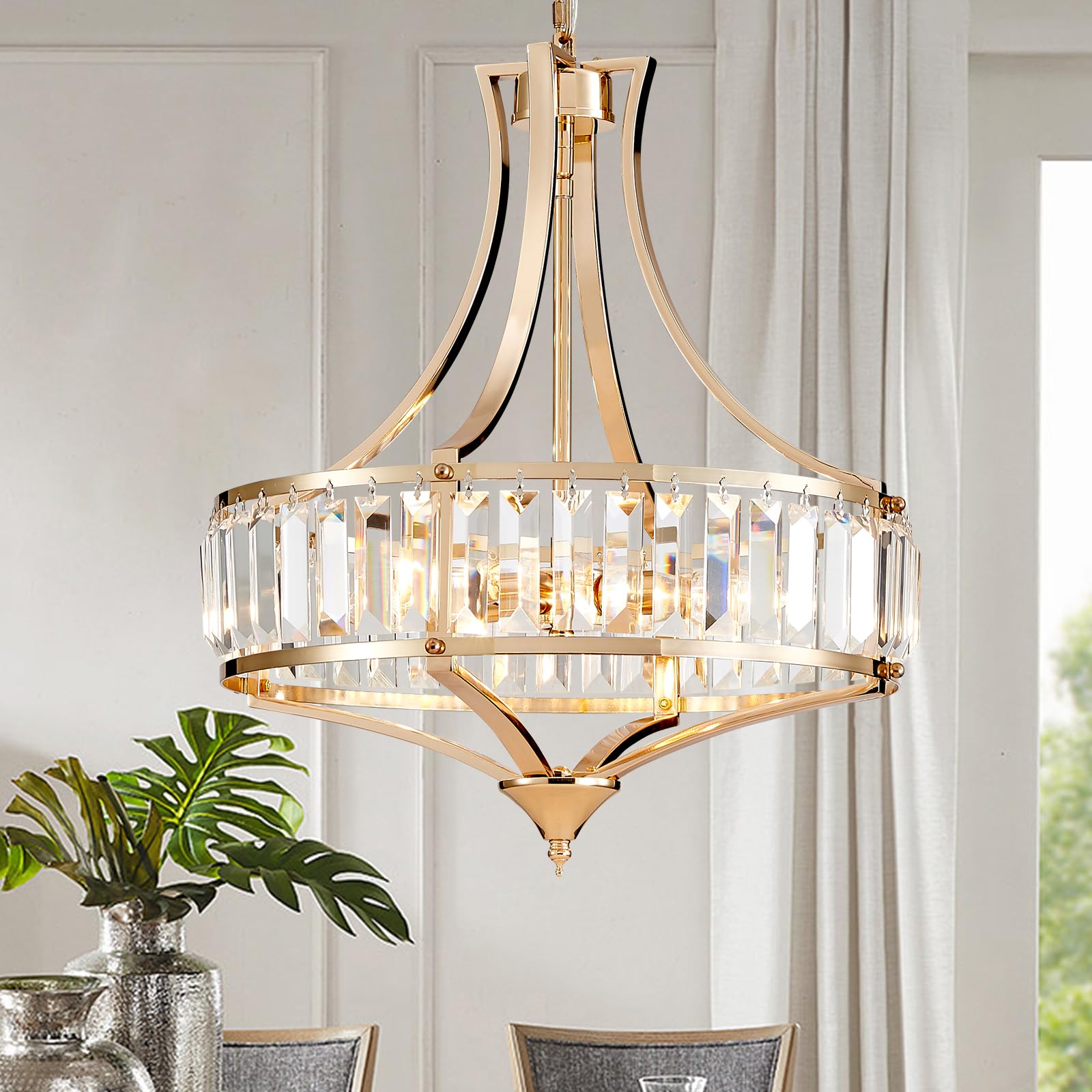 Majhoiw Chandeliers for Dining Room Modern Farmhouse Chandelier, 4-Light Crystal Chandeliers, Rustic Chandelier with Round Metal Lampshade, Perfect for Hallway Bedroom Foyer, Brush French Glod