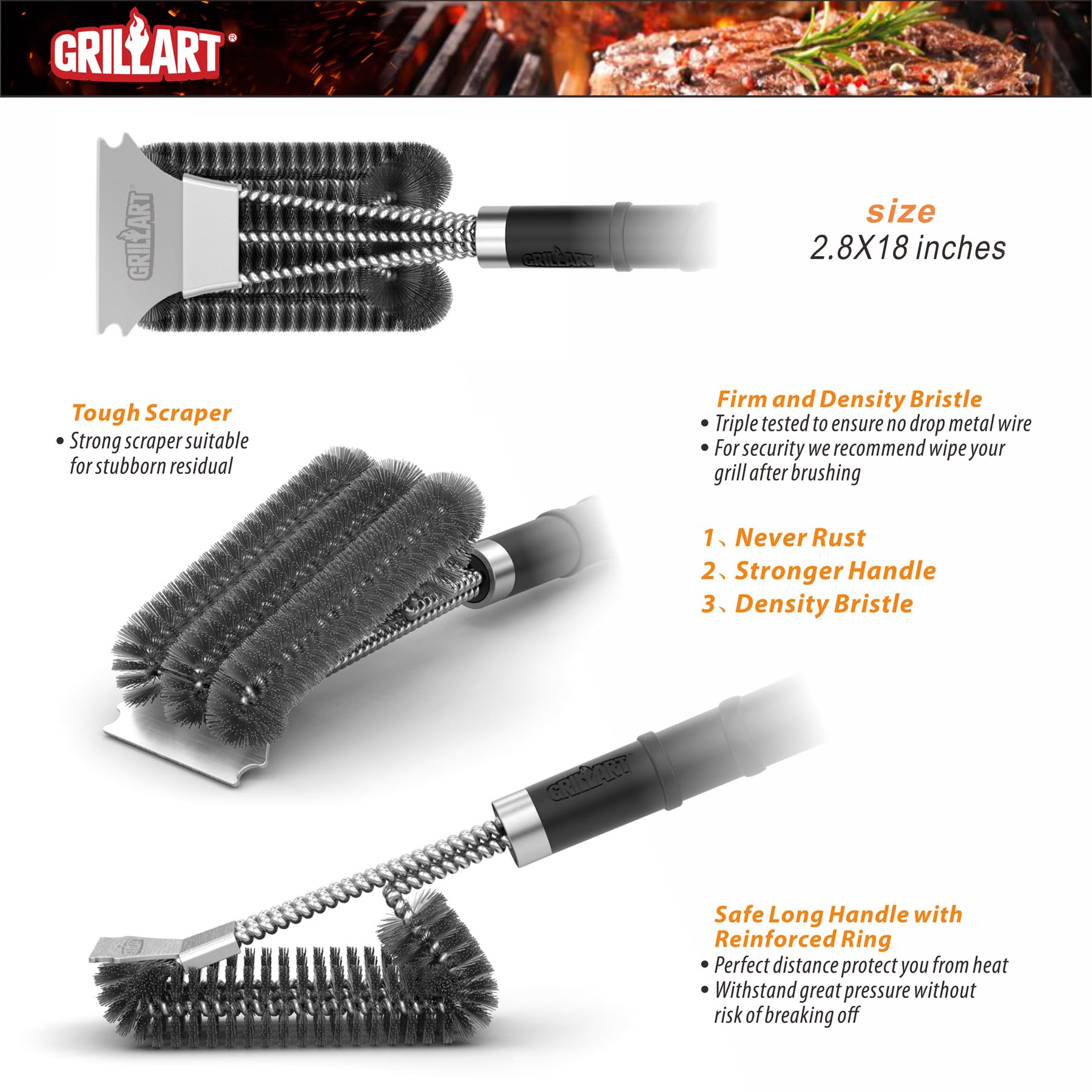 GRILLART Grill Brush and Scraper with Deluxe Handle, Safe Wire Grill Brush BBQ Cleaning Brush Grill Grate Cleaner for Gas Infrared Charcoal Porcelain Grills, BR-8529