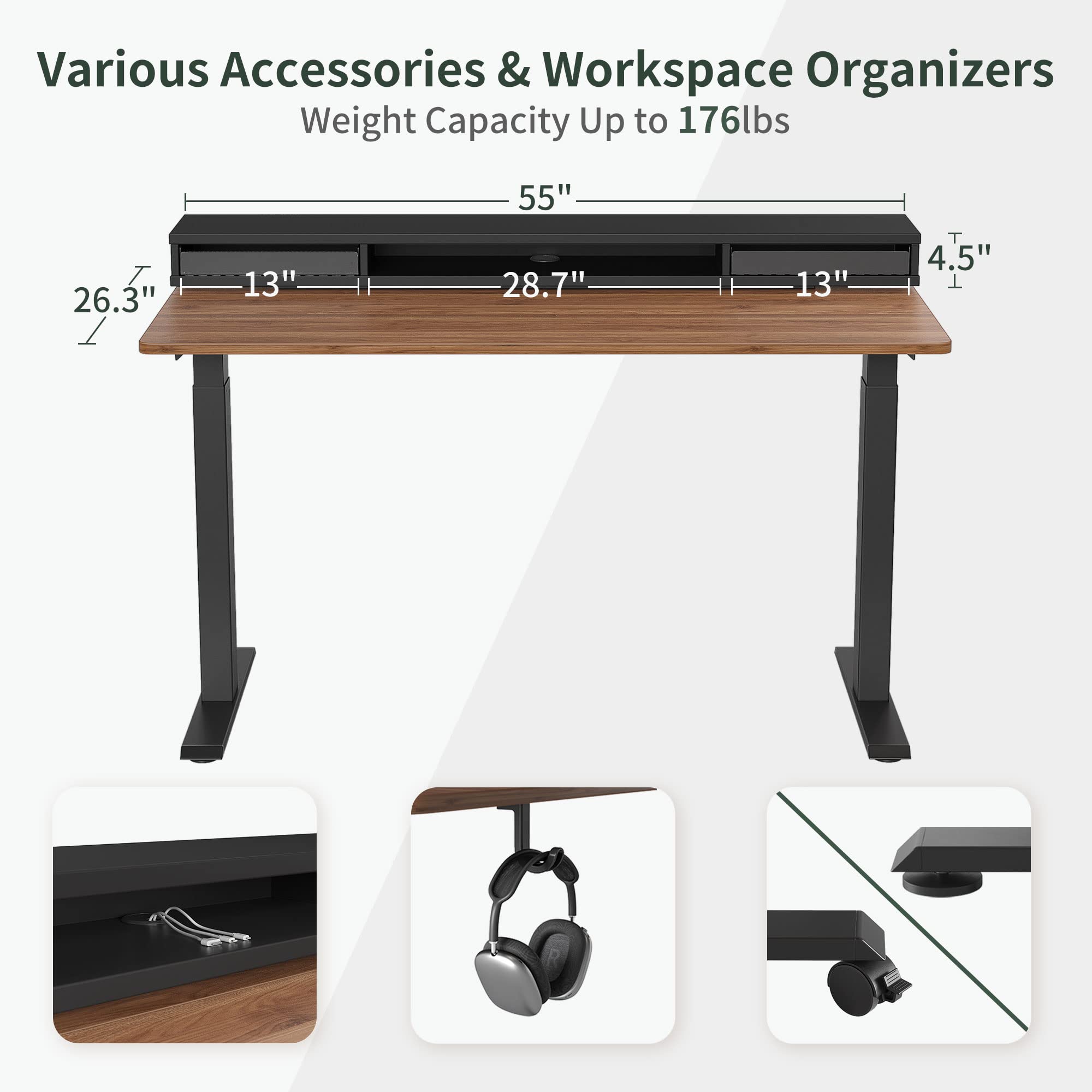 FEZIBO 55 x 24 Inch Height Adjustable Electric Standing Desk with Double Drawers, Stand Up Desk with LED Strips, Sit Stand Desk with Monitor Stand, Blcak Walnut