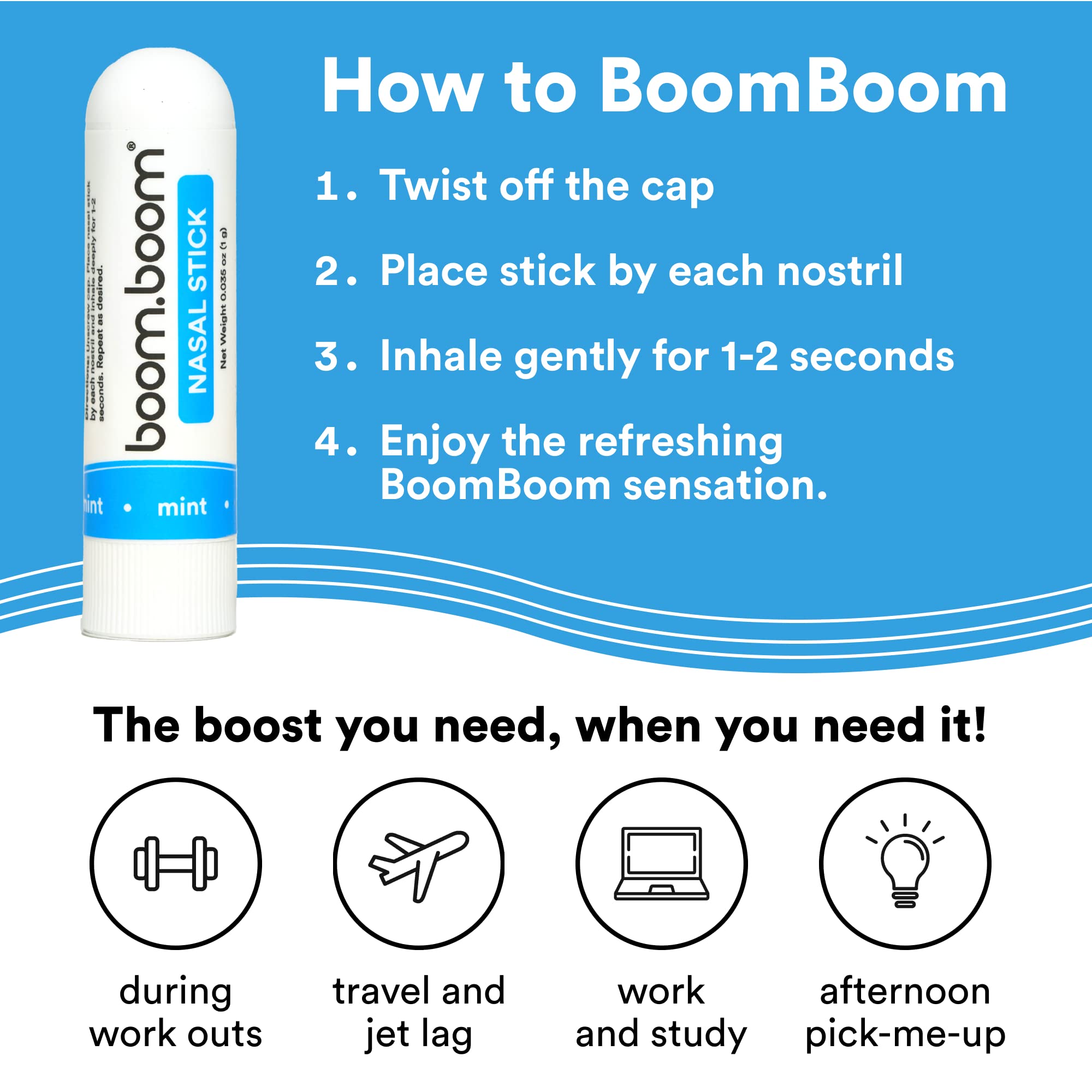 BoomBoom Nasal Stick (4 Pack) | Boosts Focus + Enhances Breathing | Provides Fresh Cooling Sensation | Aromatherapy Inhaler Made with Essential Oils + Menthol (Mint, Wintermint, Tropical, Lavender)