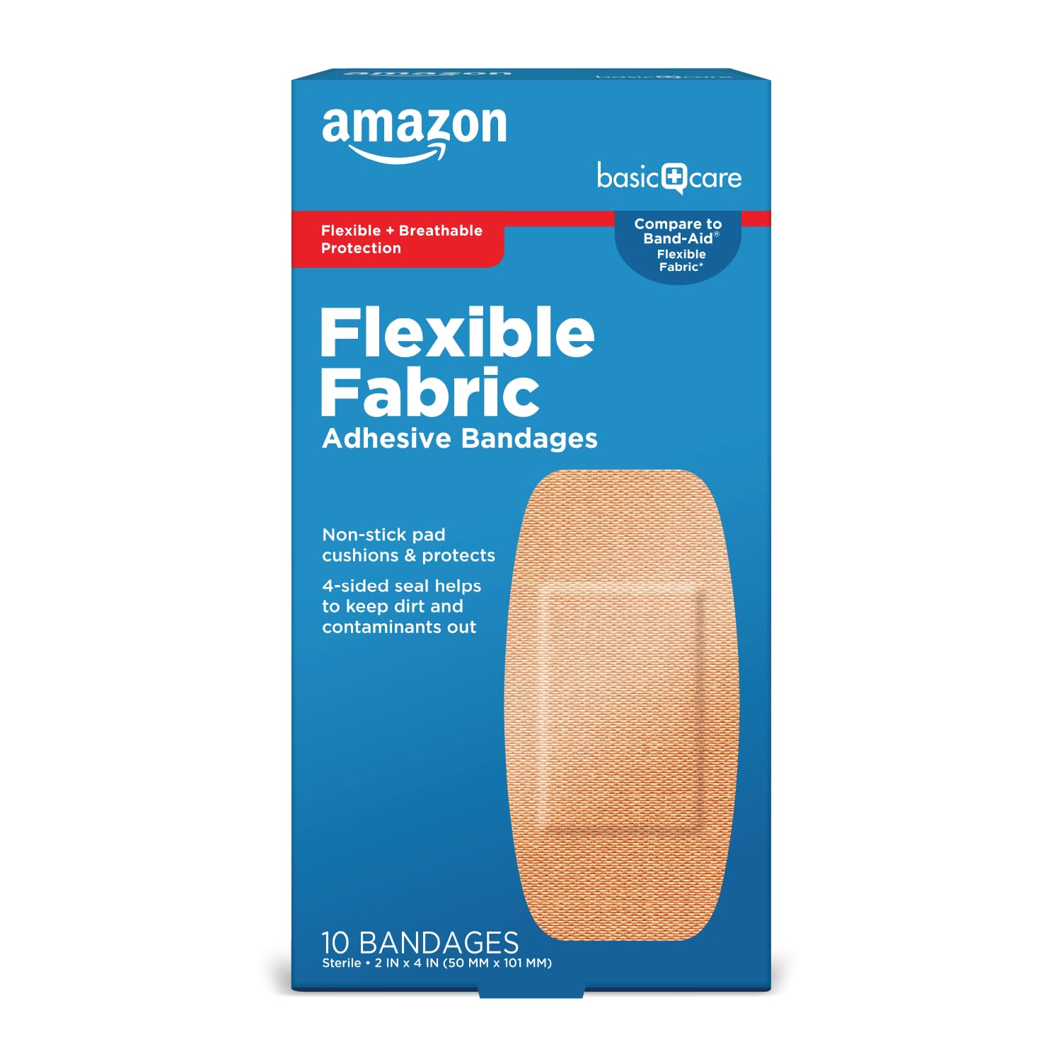 Amazon Basic Care Flexible Fabric Adhesive Bandages, XL (2 in x 4 in), Protection for All Skin Types, Flexible Stretch That Conform to Wounds, 10 Count