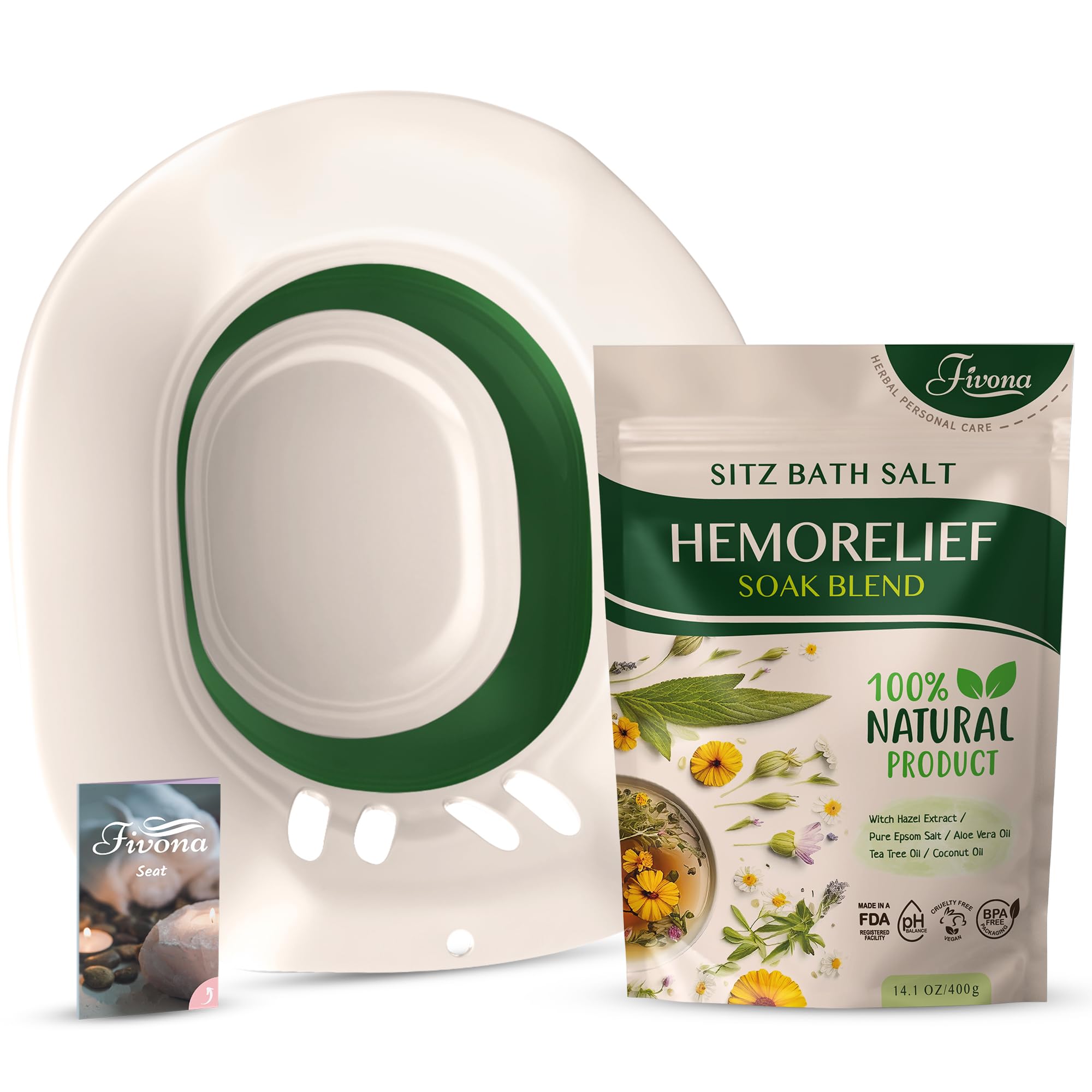 Fivona 2-in-1 Sitz Bath Soak Kit Over The Toilet Seat with Epsom Salt Blend with Essential Oils for Hemorrhoids and Postpartum Care Ideal for Perineal Soaking and Fast Irritation Relief