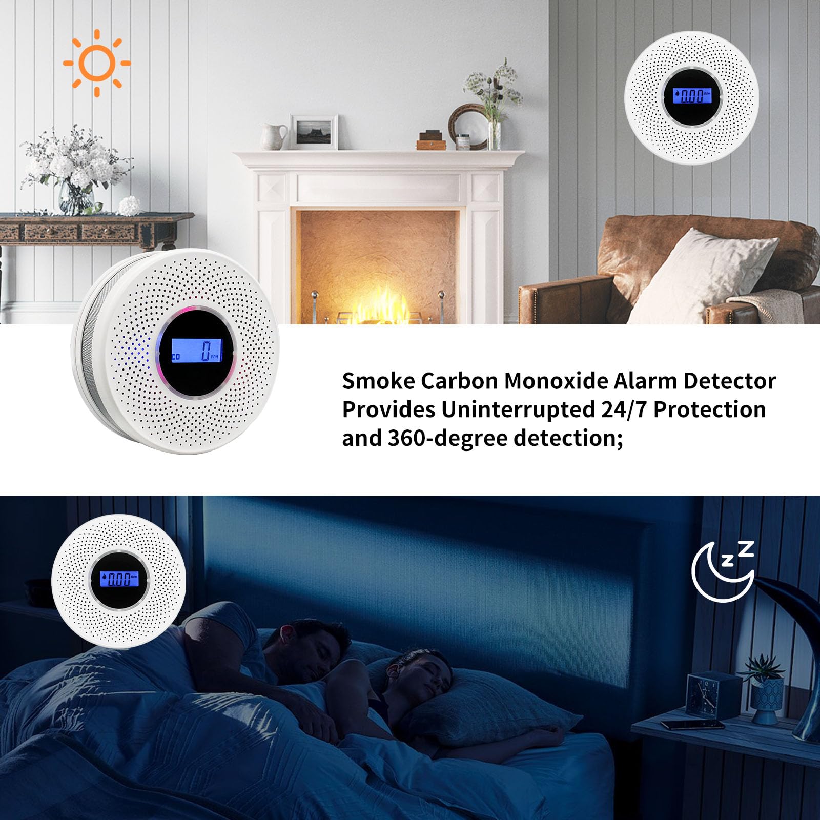 Coreel Smoke Detector Carbon Monoxide Detector Combo with Digital Display and Sound Light Alarm, 2-in-1 Smoke & CO Alarm with Battery Operated for Home, Travel or RV(White-01)