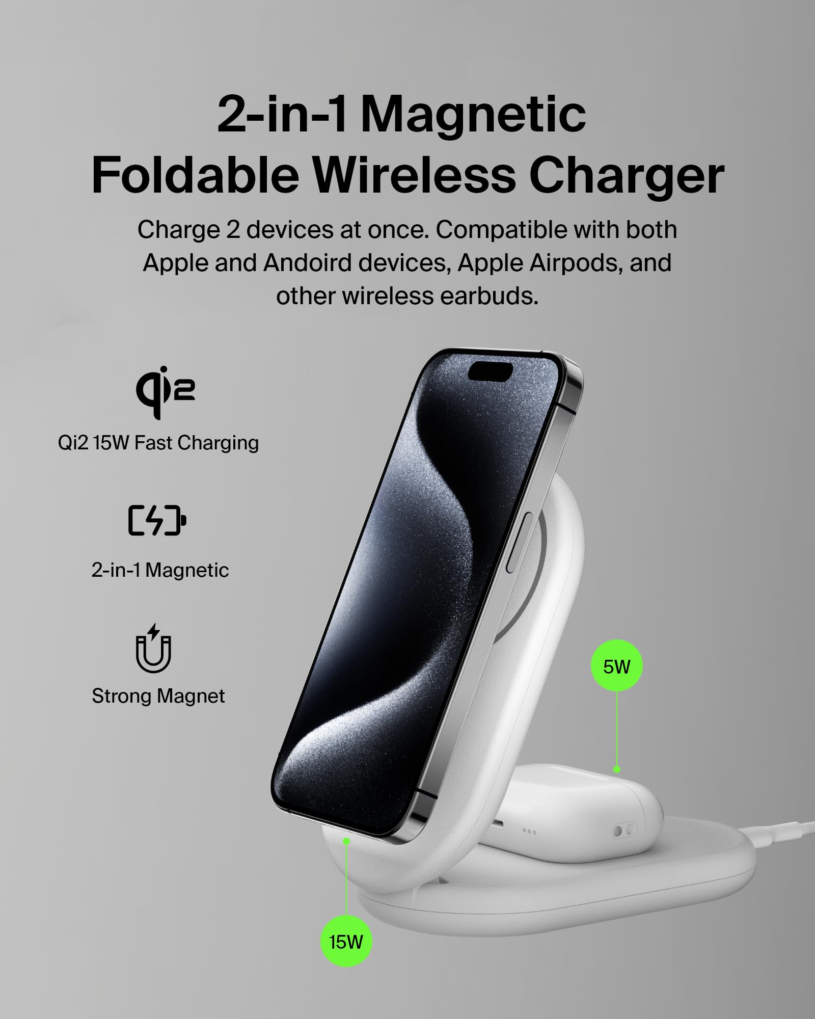 Belkin MagSafe-Compatible iPhone Charger, 2-in-1 Magnetic Foldable Charger 15W - Qi2-Certified Wireless Charger for Apple iPhone 16, iPhone 15 w/Non-Slip Base, PSU Included - White