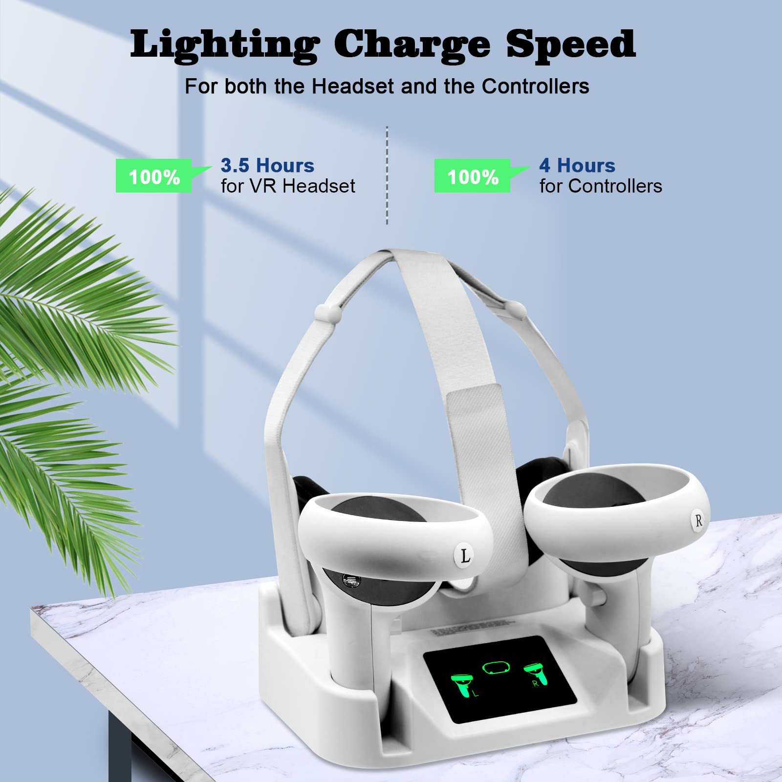 VR Charging Station for Oculus/Meta Quest 2, Charging Dock Stand Set with 2 Rechargeable Batteries, Magnetic Charging Headset and Touch Charging Controller, USB-C Charger Cable