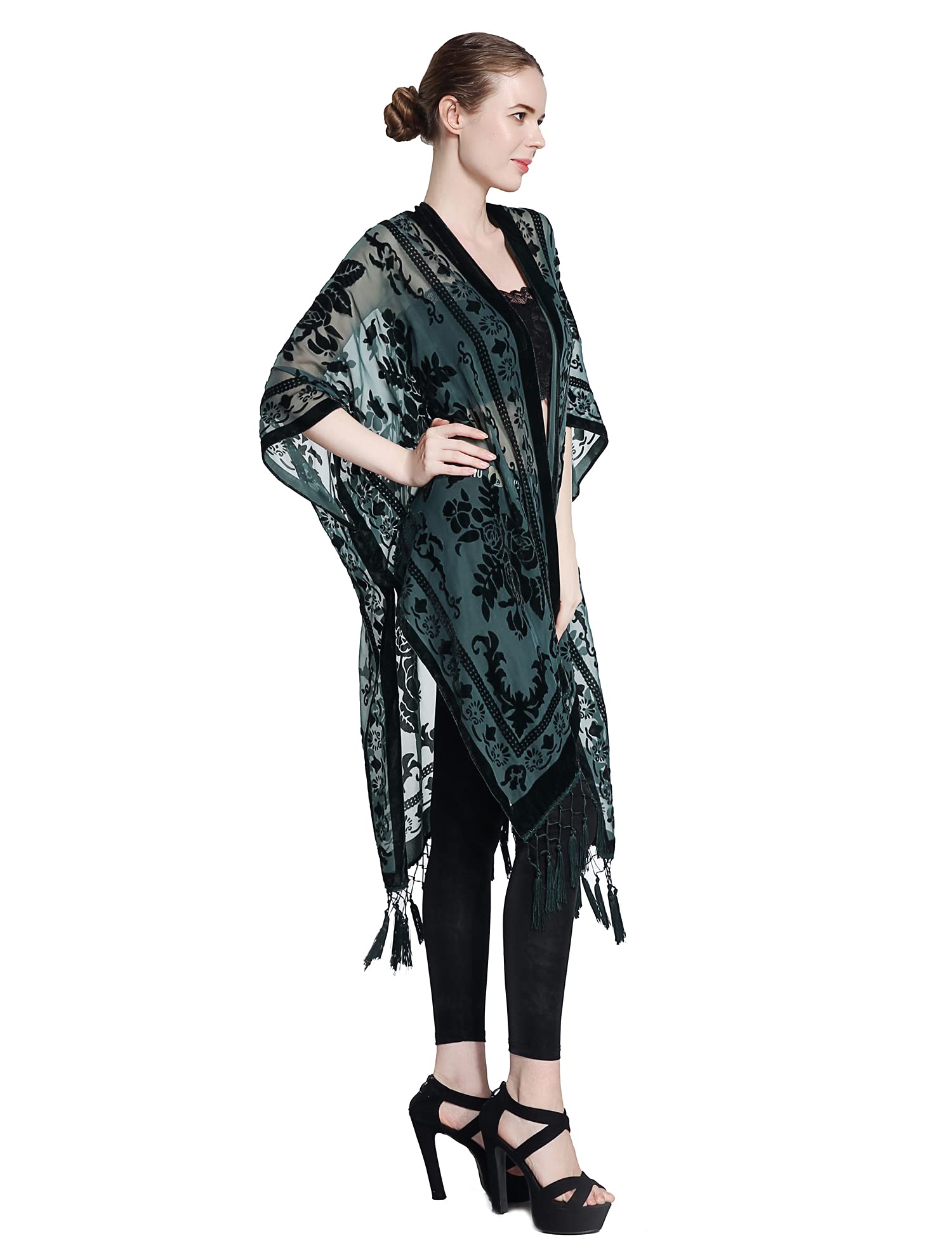 WeHello Women's Burnout Velvet Kimono Long Cardigan Cover Up with Tassel Dark Green