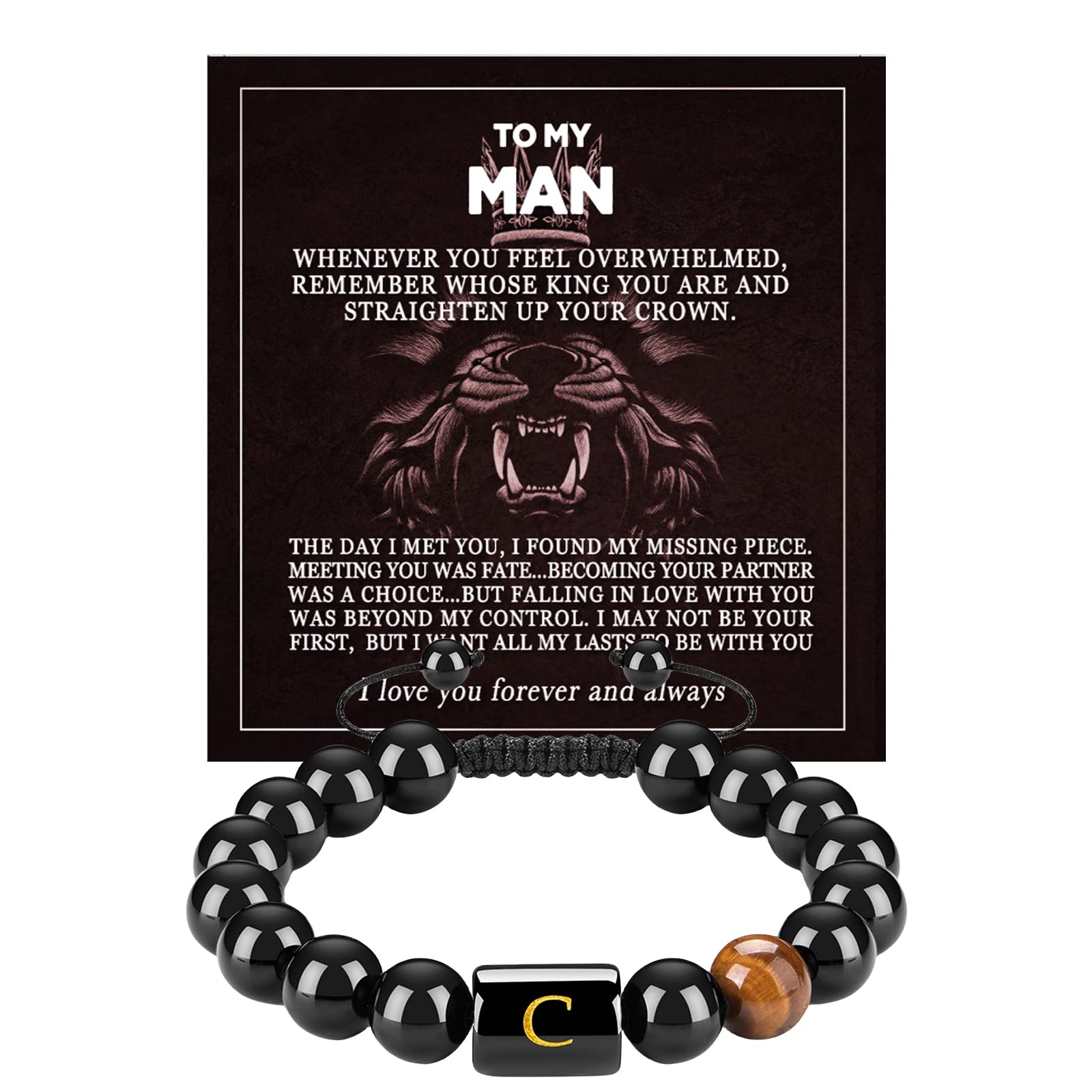 FRG To My Men,Initials Bracelets for Men Letter Link Handmade Natural Black Onyx Tiger Eye Stone Beads Braided Rope Meaningful Bracelet for Boyfriend Husband Birthday Fathers Gifts(C)