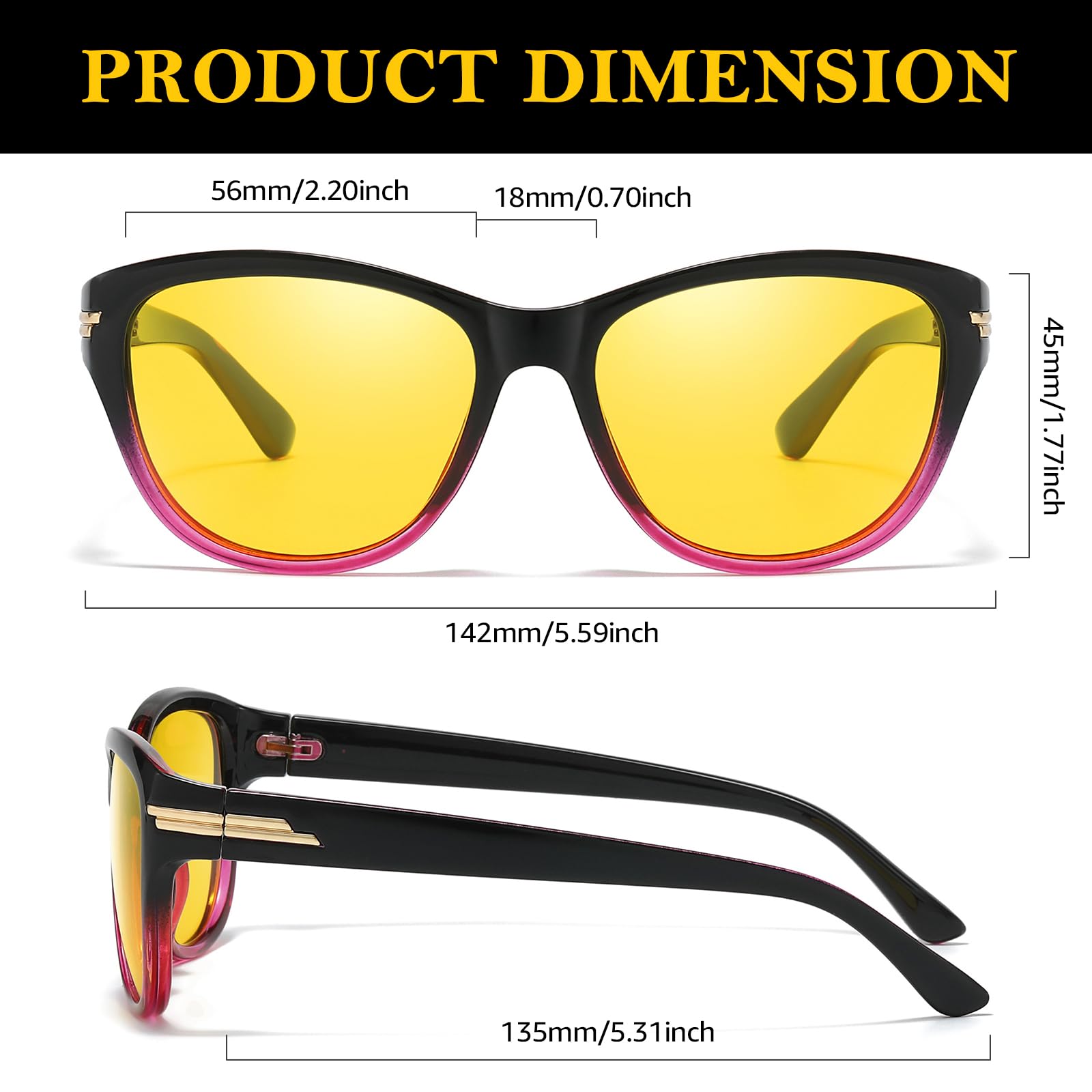 TJUTR Women’s Night Vision Glasses for Driving, Polarized Yellow Lens Glasses for Night time Anti Glare TN2517