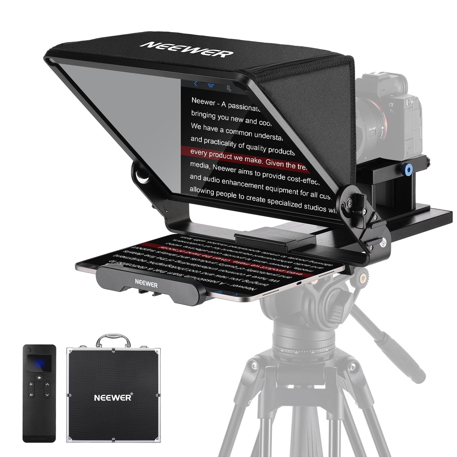 Neewer Teleprompter X14 III with RT113 Remote/App Control, 45° Tilt 14" Beamsplitter All Metal Frame Upgraded Camera Mount QR Plate Compatible with Manfrotto 501PL for iPhone iPad DSLR, Assembly Free