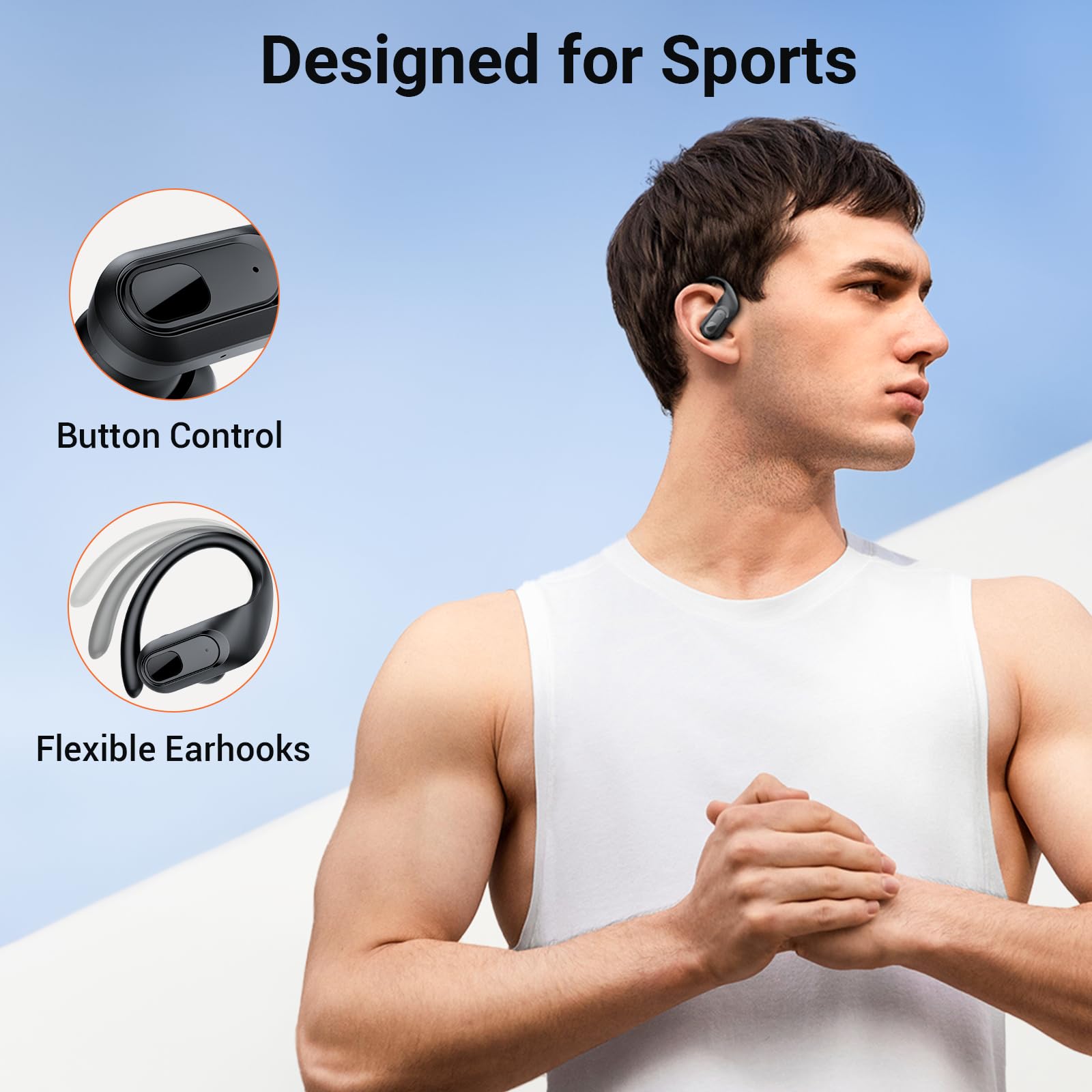 occiam Wireless Earbuds, Bluetooth Earbuds with Ear Hook, 96H Playback, Precise Button Control, for Sport Running Workout Black