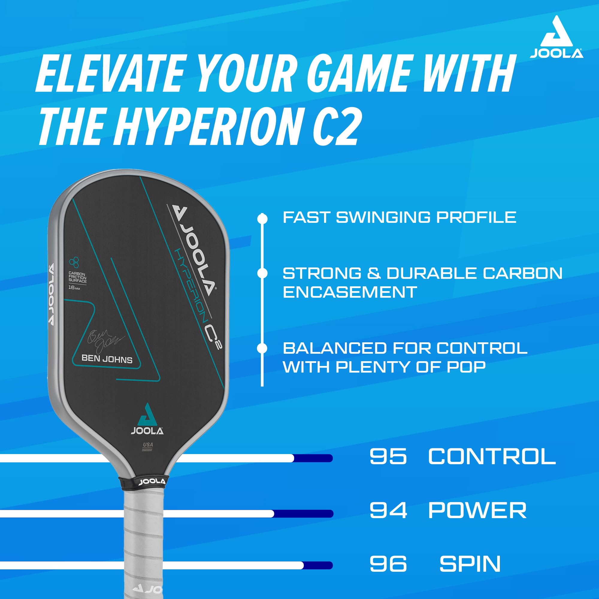 JOOLA Ben Johns Hyperion C2 Pickleball Paddle - Aero-Curve Hyperion Shape with Charged Surface Technology from The Ben Johns Perseus - Balanced Pickleball Racket with Pop & Power - USAPA Approved