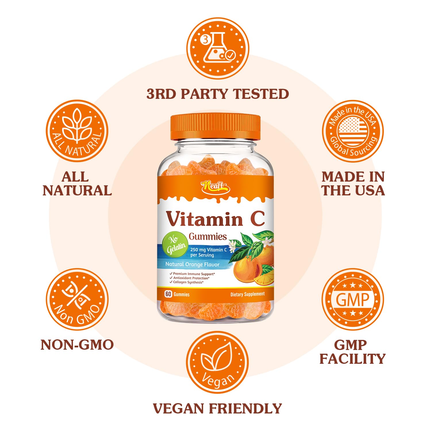 Neaft Vitamin C Gummies 250 mg, Immune & Antioxidant Support, Collagen Synthesis, for Men, Women and Children, Natural Orange Flavor, Pectin-Based, Vegan, 60 Gummies