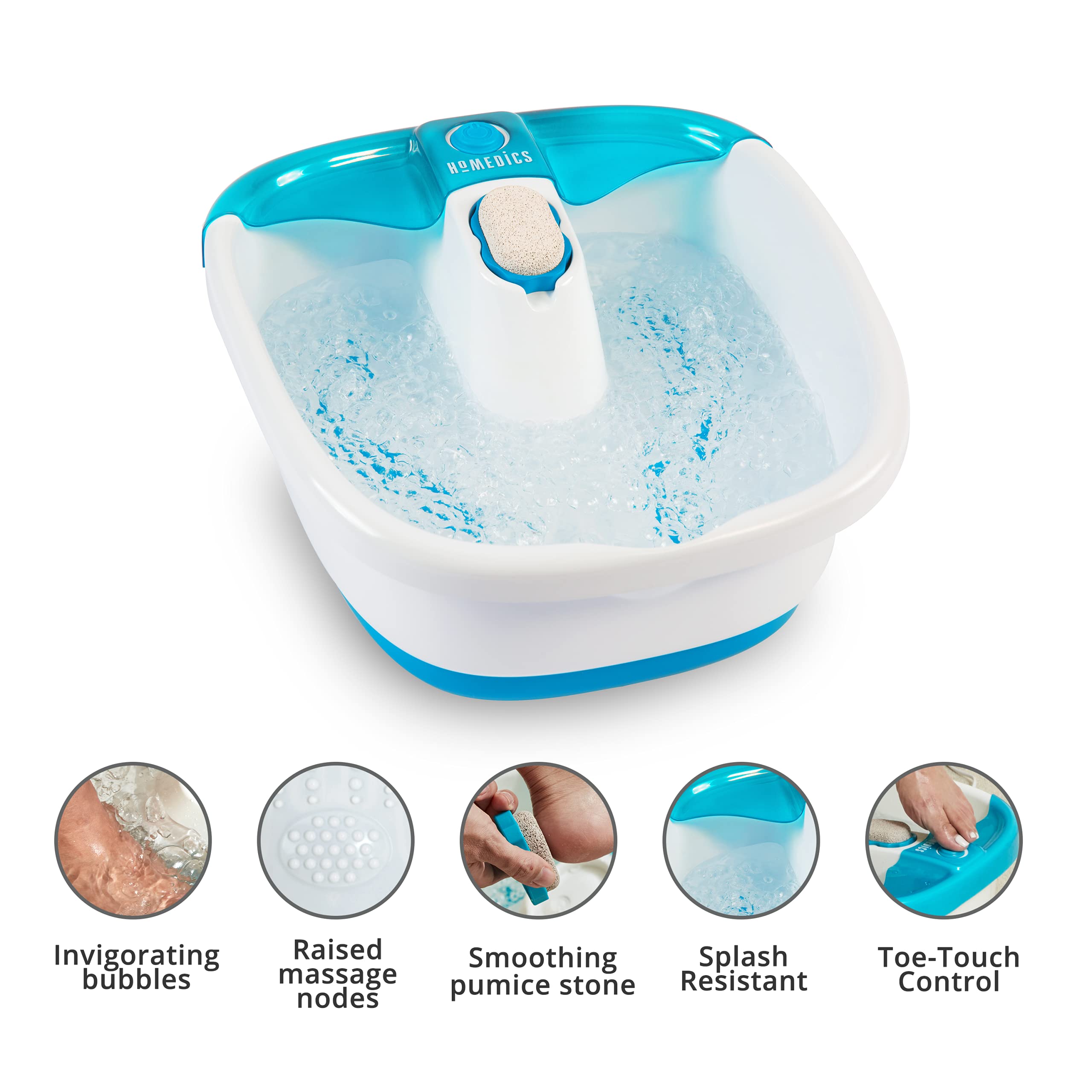 HoMedics Bubble Mate Foot Spa, Toe Touch Controlled Foot Bath with Invigorating Bubbles and Splash Proof, Raised Massage nodes and Removable Pumice Stone