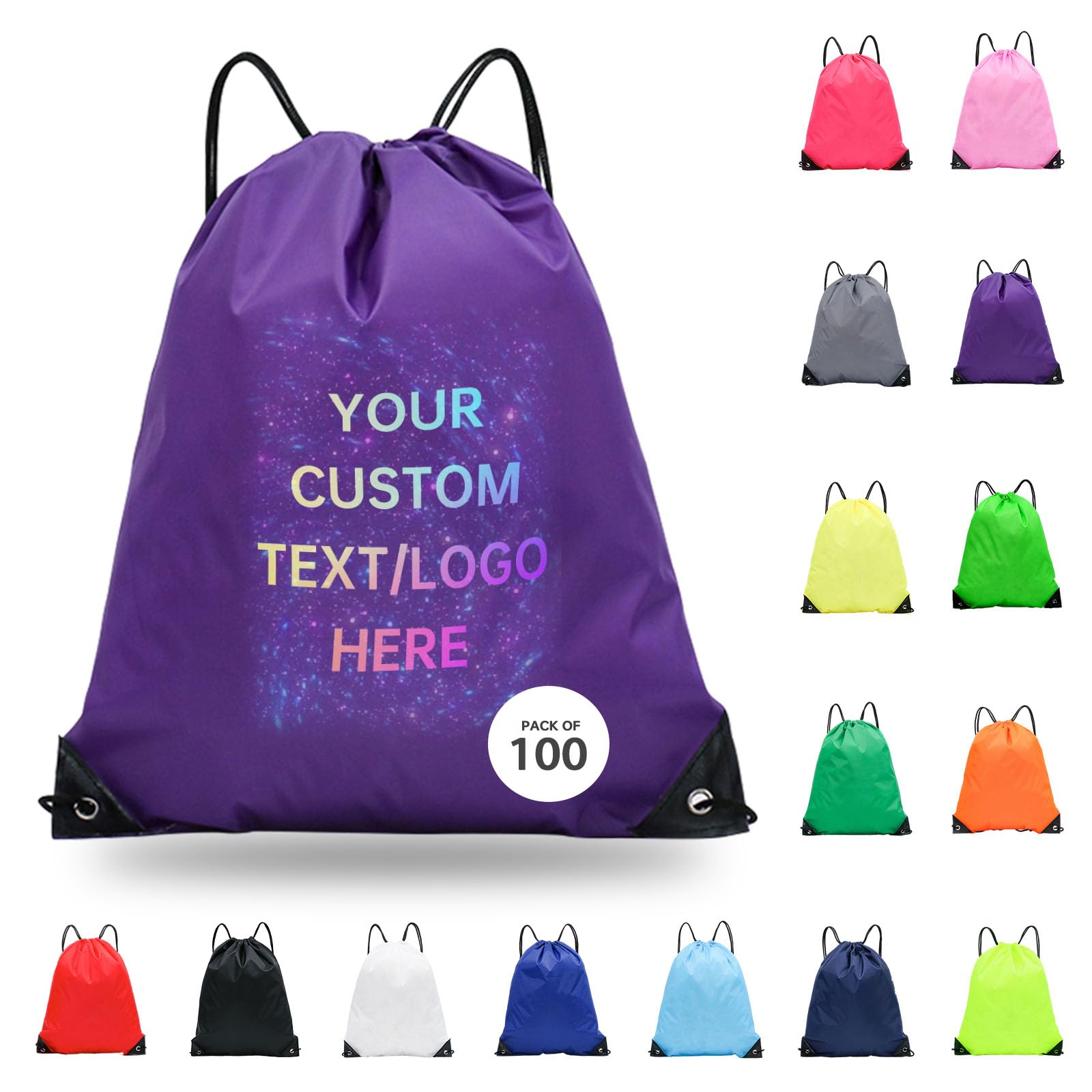 JEOHLORY pack of 100 Custom Bags With Your Logo,customized backpack,promotional items,Drawstring Backpacks,Great for Everyday Use (Custom Purple)