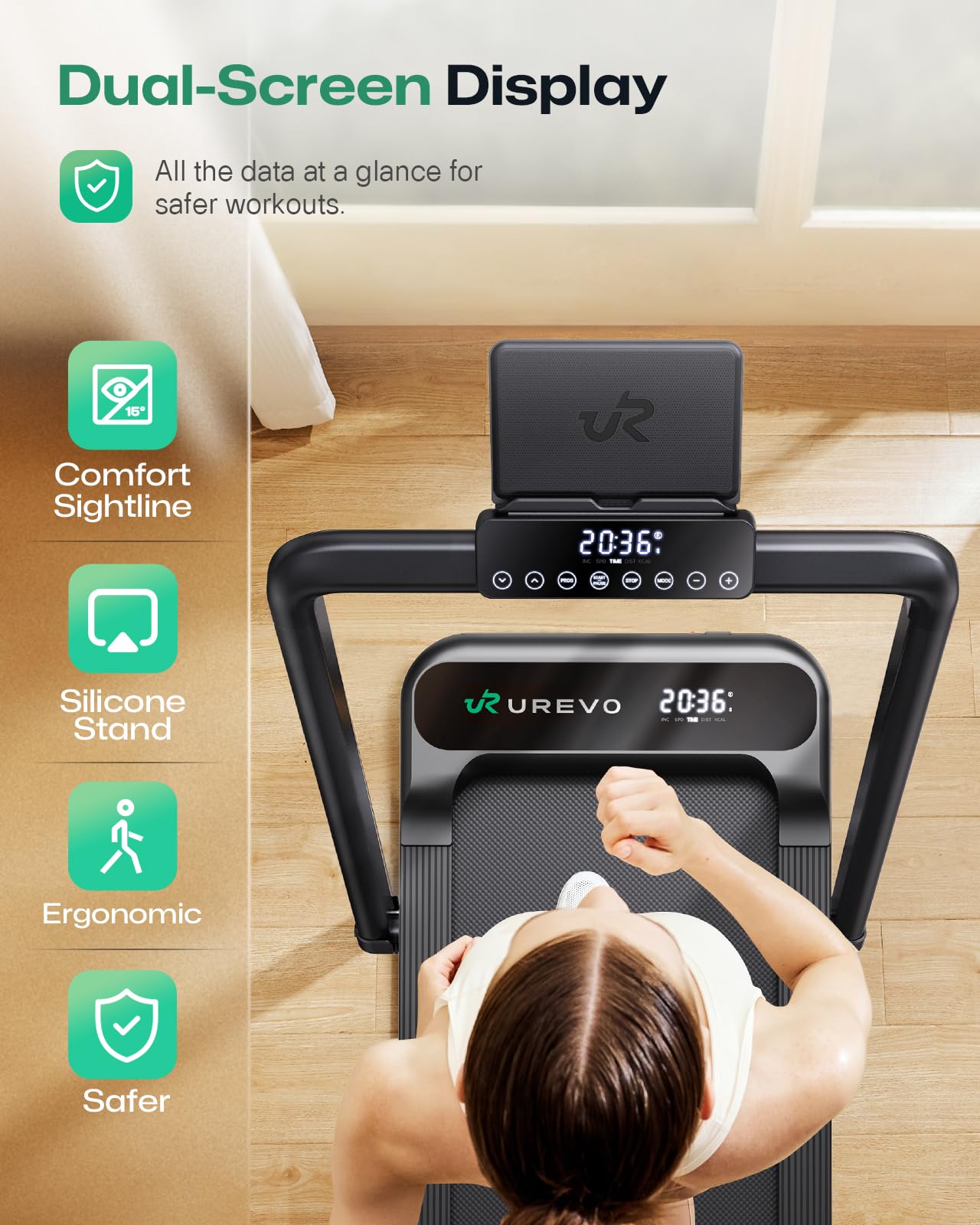 UREVO Smart Treadmill with 9% Incline, 3-in-1 Foldable Treadmill with Handle for Home/Office Fitness, Runner-Focused Design, 6 HIIT Programs & Auto Incline Follow Mode, 2 Display Screens, Plug & Play