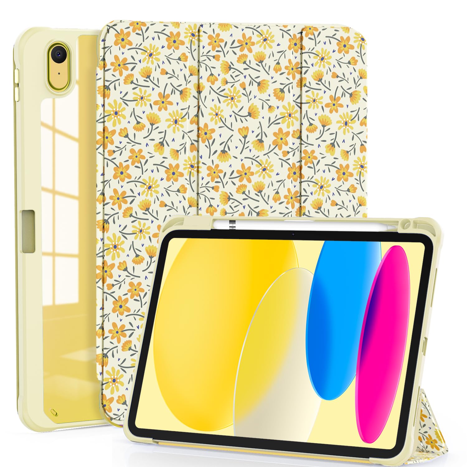 OKP for New iPad 10th Generation Case 2022, ipad 10.9 inch Case with Trifold Stand, Auto Wake/Sleep, ipad 10 gen Protective Cover with Slim Lightweight Clear PC Back Shell for Women, Yellow Flowers