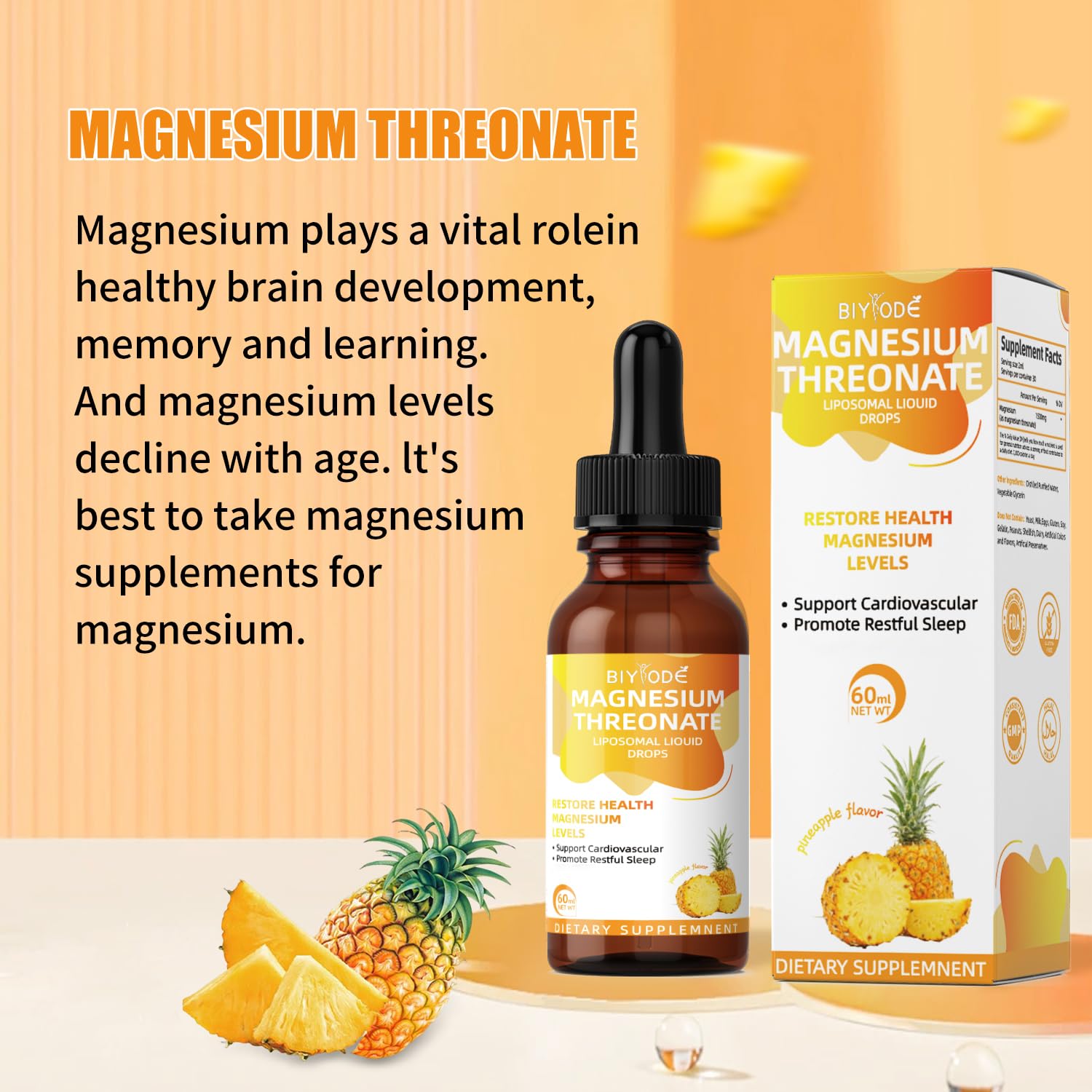 Magnesium L-Threonate Liquid Drops Restore Health Magnesium Levels Support Cardiovascular Promote Restful Sleep Stress Management 60ml Net Wt Pineapple Flavor