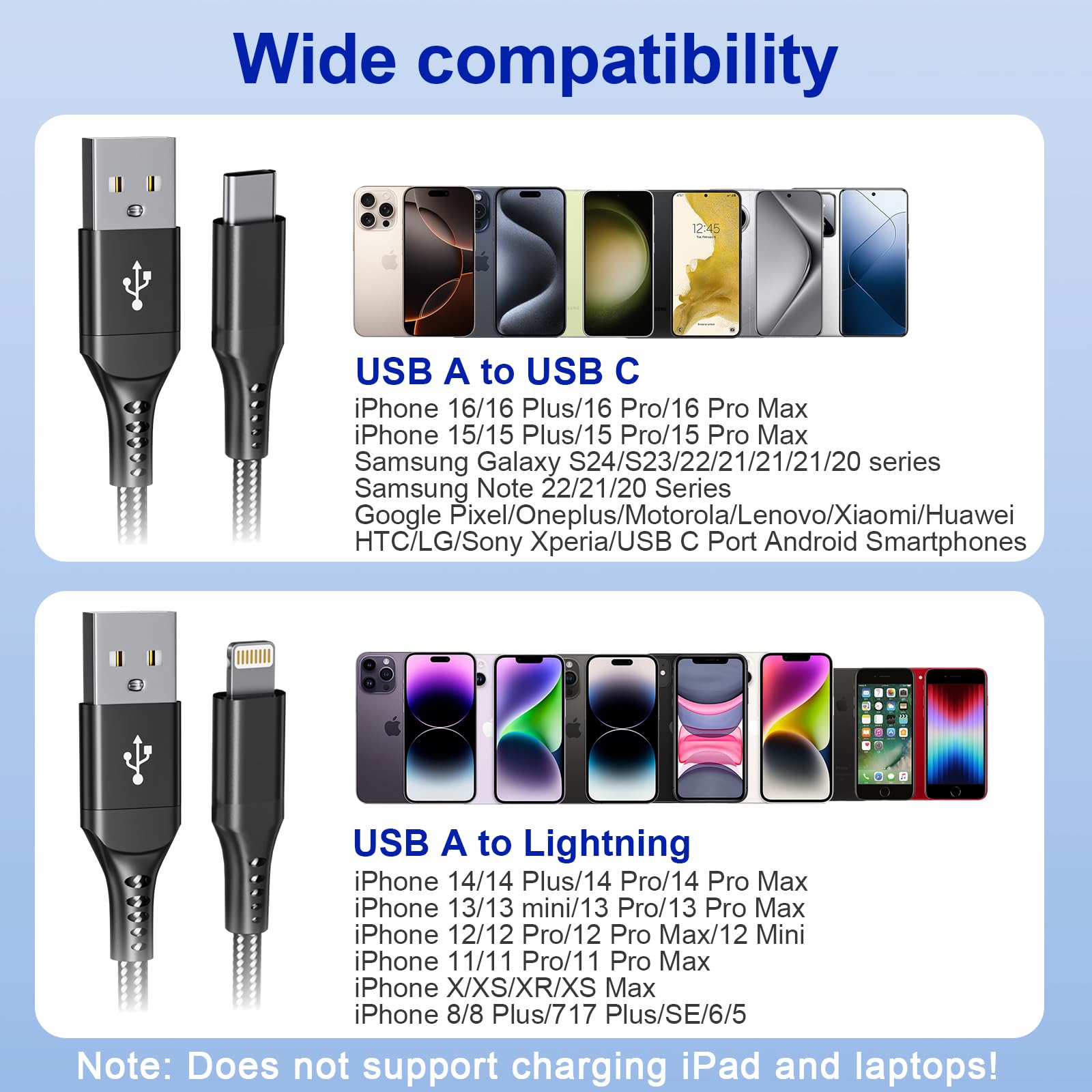 USB to USB-C and Lightning Cable Combo 6FT, 2 in 1 Nylon Braided iPhone Charger Cable Apple Carplay & Android Auto, [MFi & 3A Fast Charge] Multi iPhone Charging Cable Cord for iPhone 16/15/14/Android