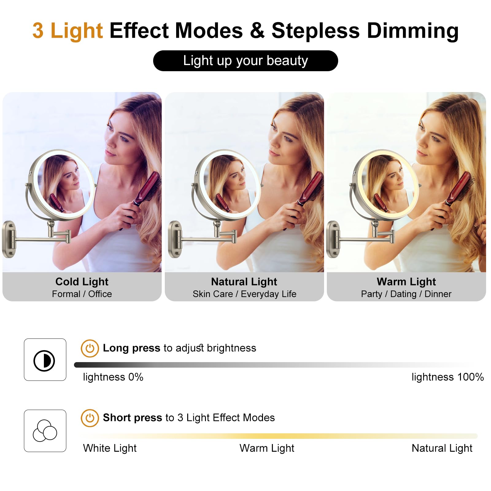 IMIKONA 9" Wall Mounted Lighted Makeup Mirror,4000mAh Rechargeable Double Sided 1X/10X Magnifying Mirror with Light,3 Color Lights,Touch Dimmable,Extended Arm 360 Rotation Wall Mounted Makeup Mirror