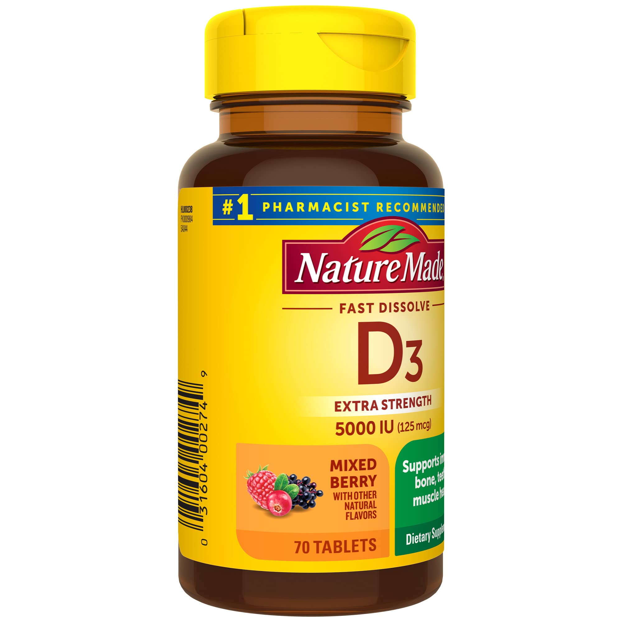 Nature Made Extra Strength Vitamin D3 5000 IU (125 mcg), Vitamin D Supplement for Bone, Teeth, Muscle, Immune Health Support, 70 Sugar Free Fast Dissolve Tablets, 70 Day Supply