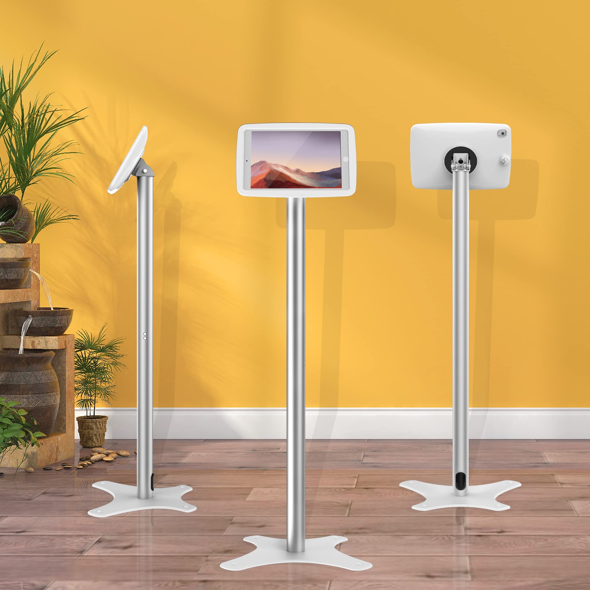 Beelta Tablet Kiosk Floor Stand Adjustable - Compatible with 10.2" iPad 7 8 9th, 120 Degree Rotate Lockable Tablet Enclosure+Aluminum Pole+Metal Base