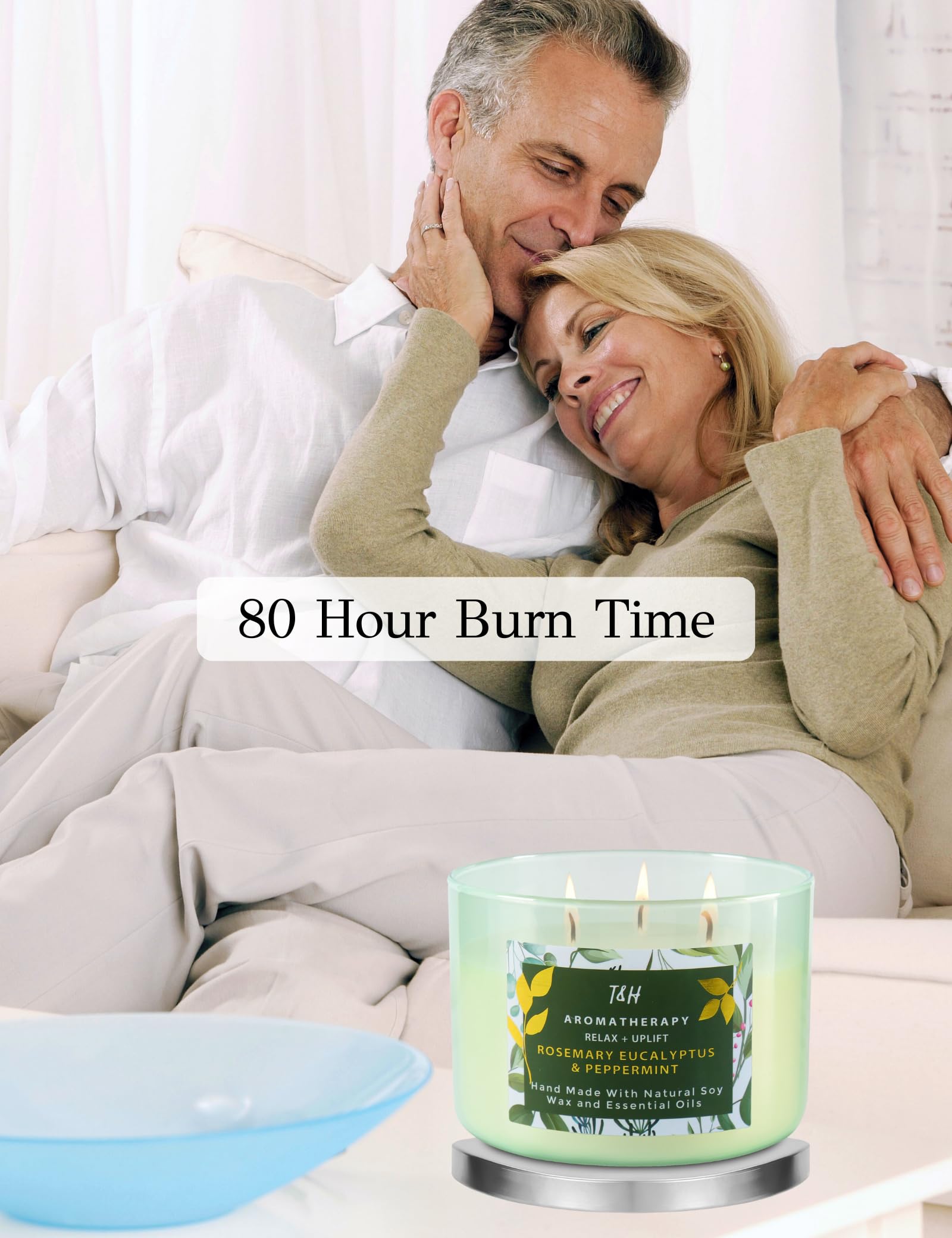 Rosemary Eucalyptus Peppermint Candle | Highly Scented Large 3 Wick Soy Candle 15.8 oz | Uplifting Fresh Eucalyptus Mint Scented Candle for Home | Aromatherapy Stress Relief Candle for Women & Men