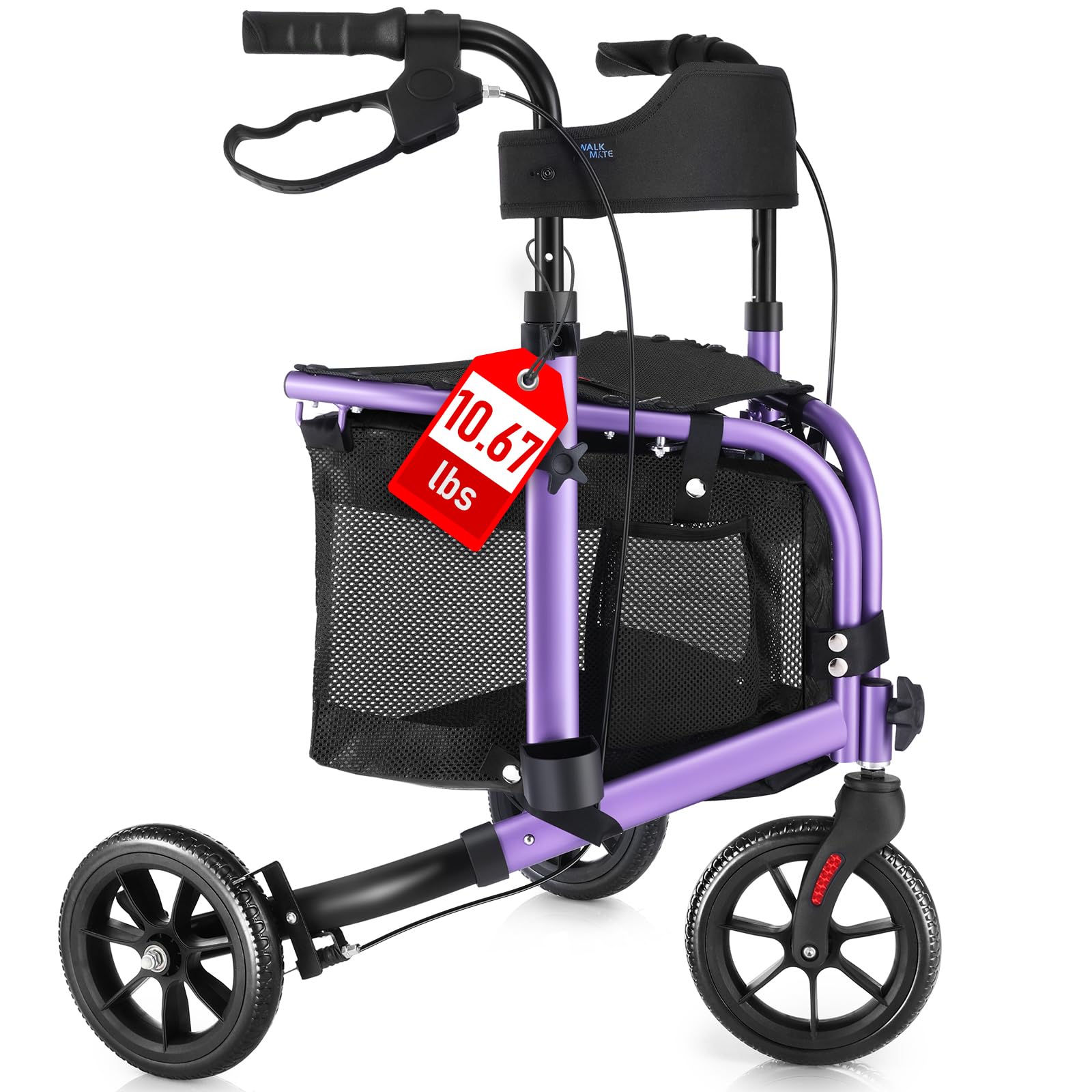 WALK MATE 3 Wheel Rollator Walker with Seat for Slim Seniors, Padded Backrest Lightweight Foldable Travel Walker Ideal for Elderly, 8 Inch Tri-Wheel Modern Mobility Walking Aid Aluminum, Purple