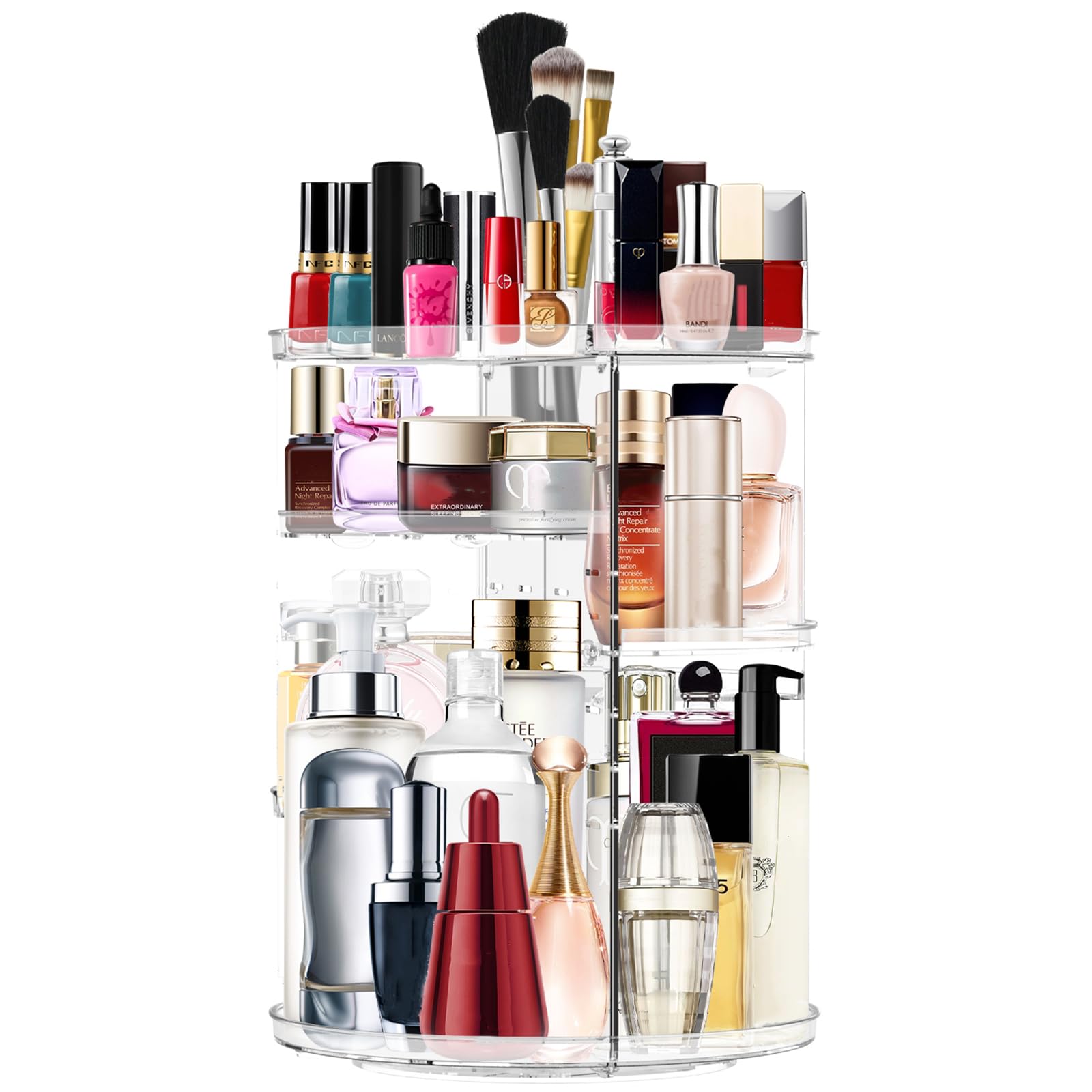 Makeup Organizer 360 Rotating Cosmetic Organizer DIY Adjustable Makeup Carousel Spinning Holder Rack, Large Capacity Cosmetic Storage Box Makeup Brushes Organizer for Vanity Countertop (Clear)