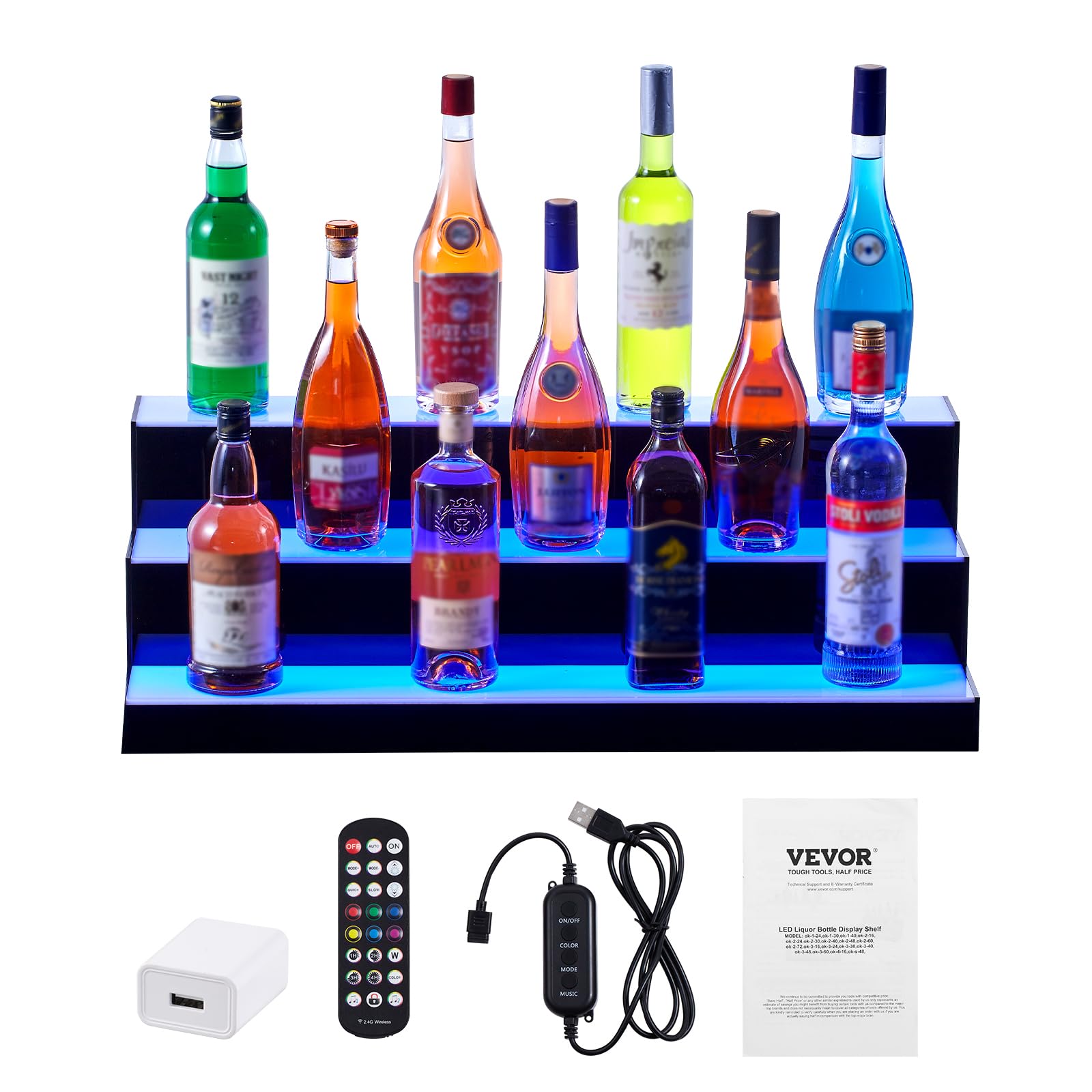 VEVOR LED Lighted Liquor Bottle Display, 3 Tiers 30 Inches, Supports USB, Illuminated Home Bar Shelf with RF Remote & App Control 7 Static Colors 1-4 H Timing, Acrylic Lighted Shelf for 24 Bottles