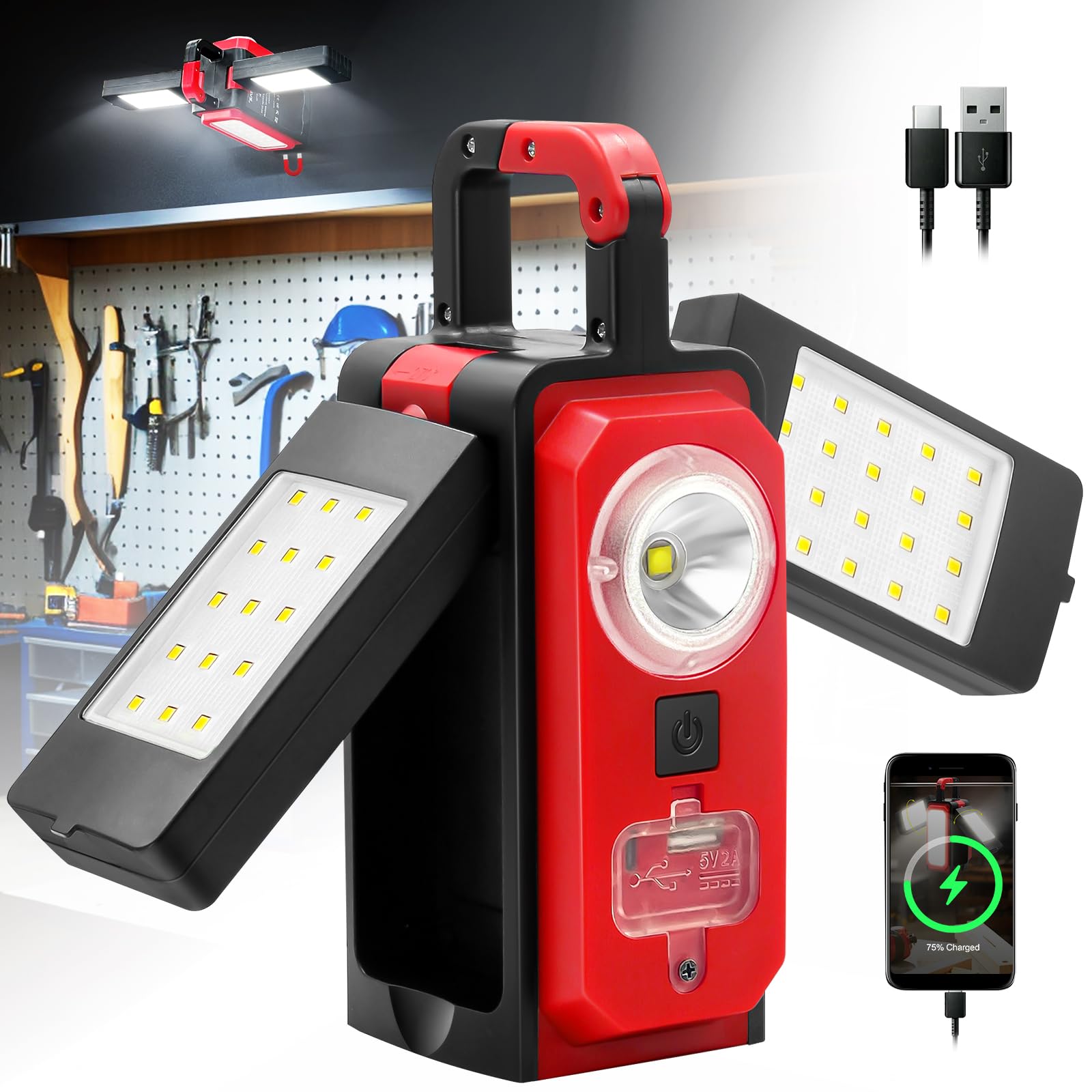 SYLSTAR Rechargeable Work Light, 3000 Lumen LED Work Lights with Magnets, Multifunctional Waterproof and Portable LED Flood Light with Powerbank for Workshop, Garage, Camping or Home Emergency