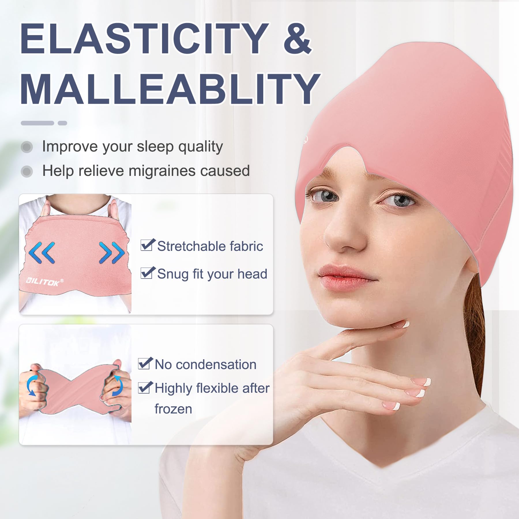 EXQUISLIFE Migraine Headache Relief Cap, Gel Ice Head Wrap, Hot and Cold Therapy, Headache Eyes Mask for Sinus, Puffy Eyes, Tension and Stress Relief (Pink)