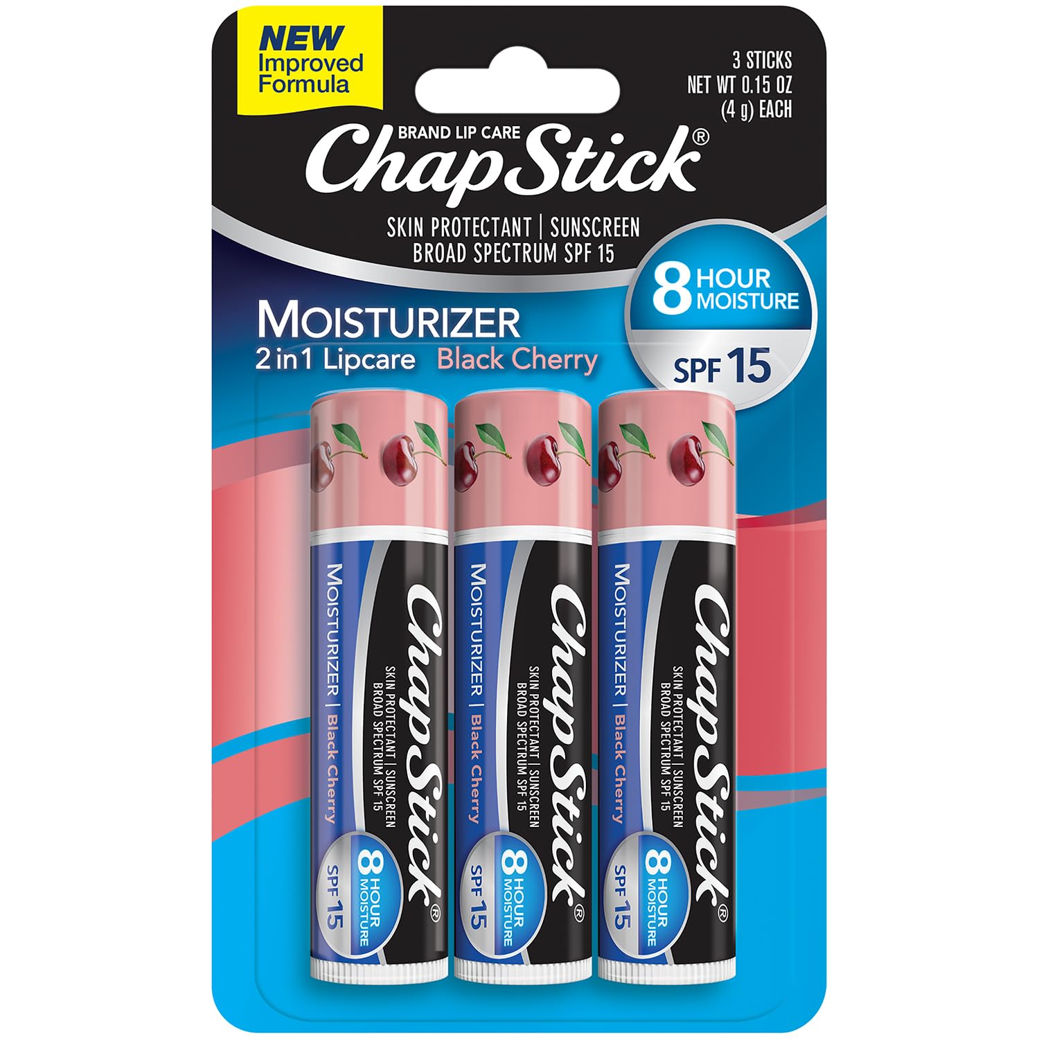 ChapStick Moisturizer 2-in-1 Lipcare SPF 15, Black Cherry, 3-Pack – Sunscreen Lip Balm with Aloe Vera and Vitamin E, 0.15 Oz Ea