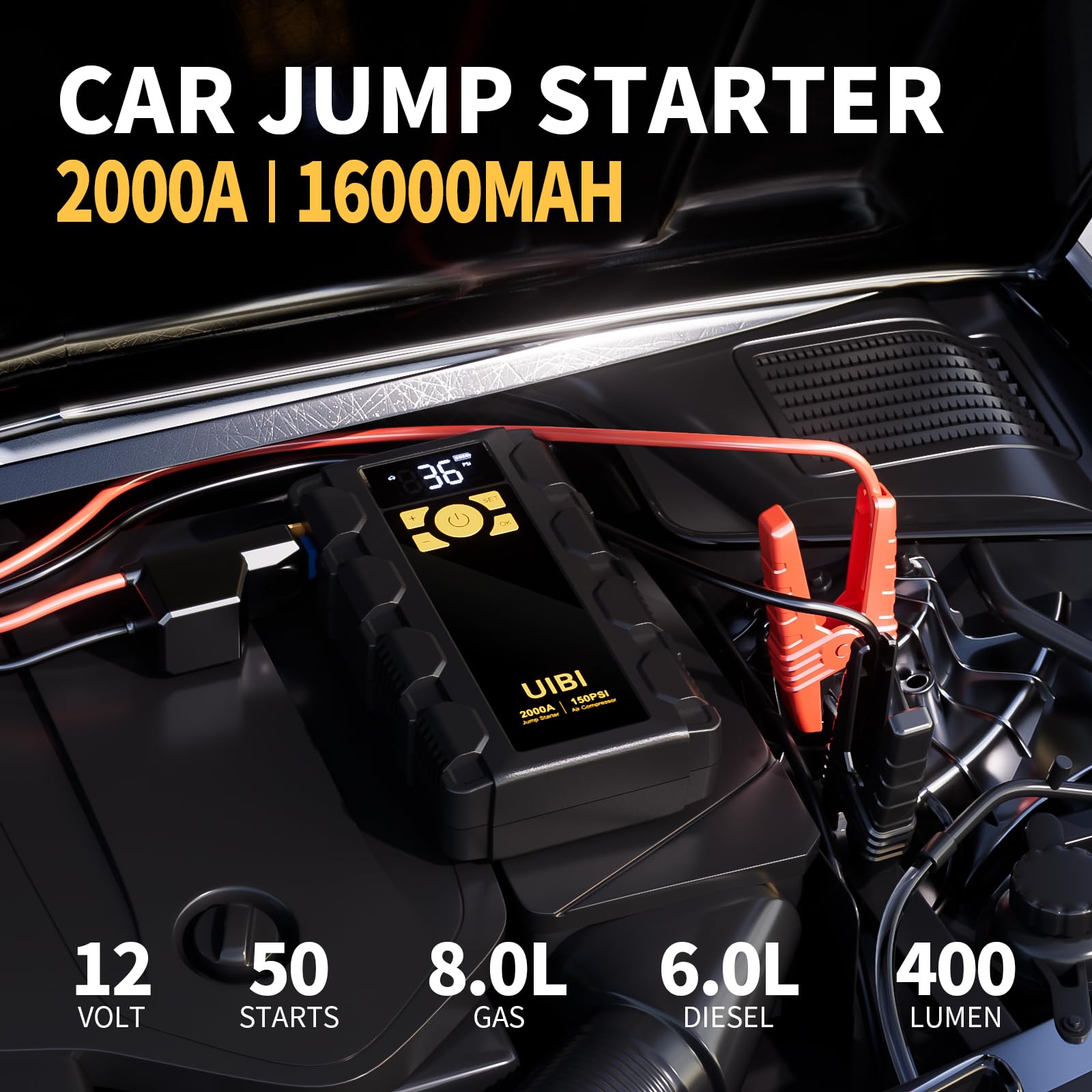 UIBI X5 Car Jump Starter with Air Compressor, 2000A Car Battery Jump Starter with 150PSI Tire Inflator Portable, Battery Jumper Starter, Jump Box for 8.0L Gas or 6.0L Diesel Vehicles.